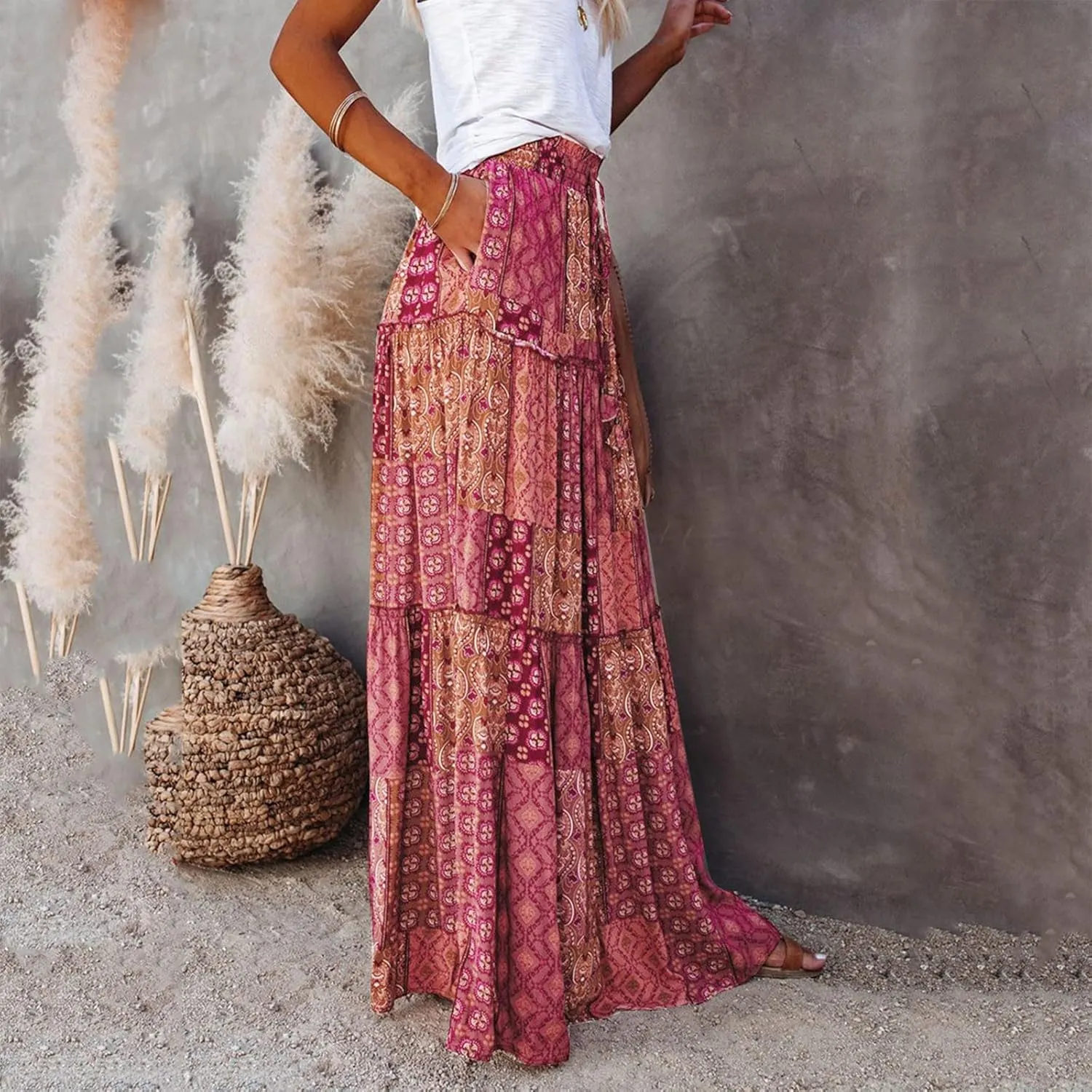 Boho Floral Maxi Skirt Women Elastic High Waist Tiered Pleated Flowy Long Skirt Summer Casual Beach with Pockets