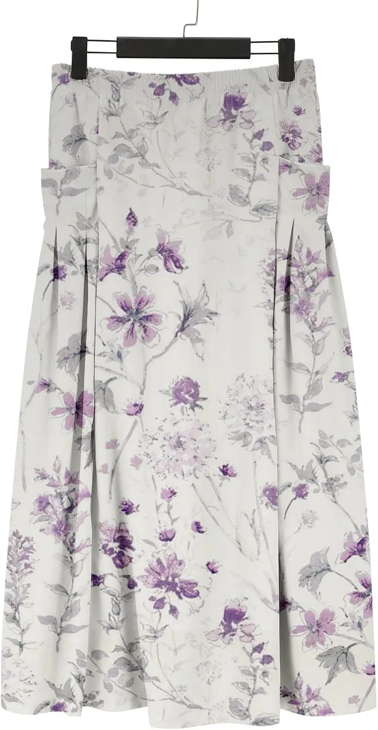 Boho Floral Maxi Skirt Women Elastic High Waist Tiered Pleated Flowy Long Skirt Summer Casual Beach with Pockets
