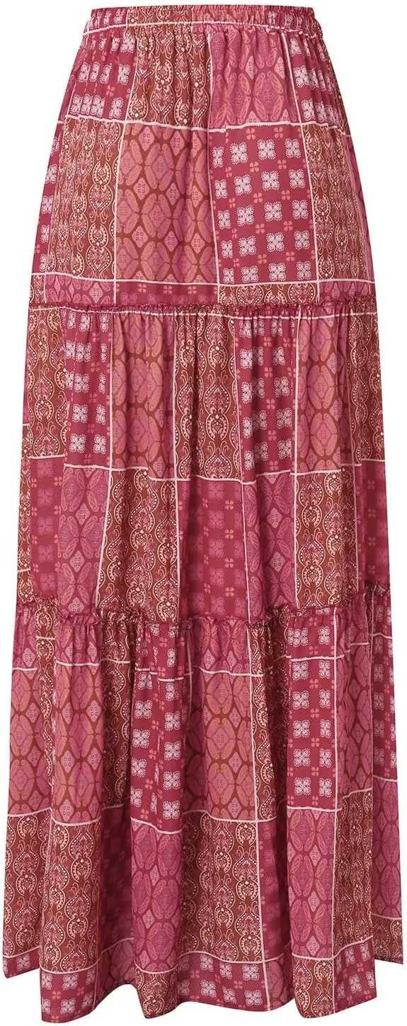 Boho Floral Maxi Skirt Women Elastic High Waist Tiered Pleated Flowy Long Skirt Summer Casual Beach with Pockets