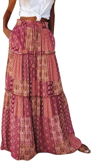 Boho Floral Maxi Skirt Women Elastic High Waist Tiered Pleated Flowy Long Skirt Summer Casual Beach with Pockets