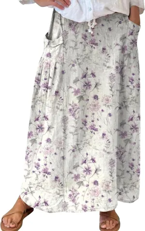 Boho Floral Maxi Skirt Women Elastic High Waist Tiered Pleated Flowy Long Skirt Summer Casual Beach with Pockets