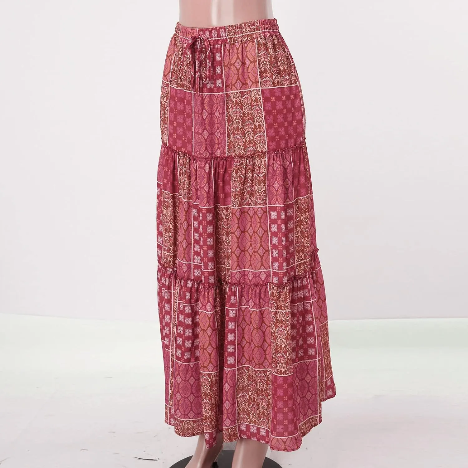 Boho Floral Maxi Skirt Women Elastic High Waist Tiered Pleated Flowy Long Skirt Summer Casual Beach with Pockets