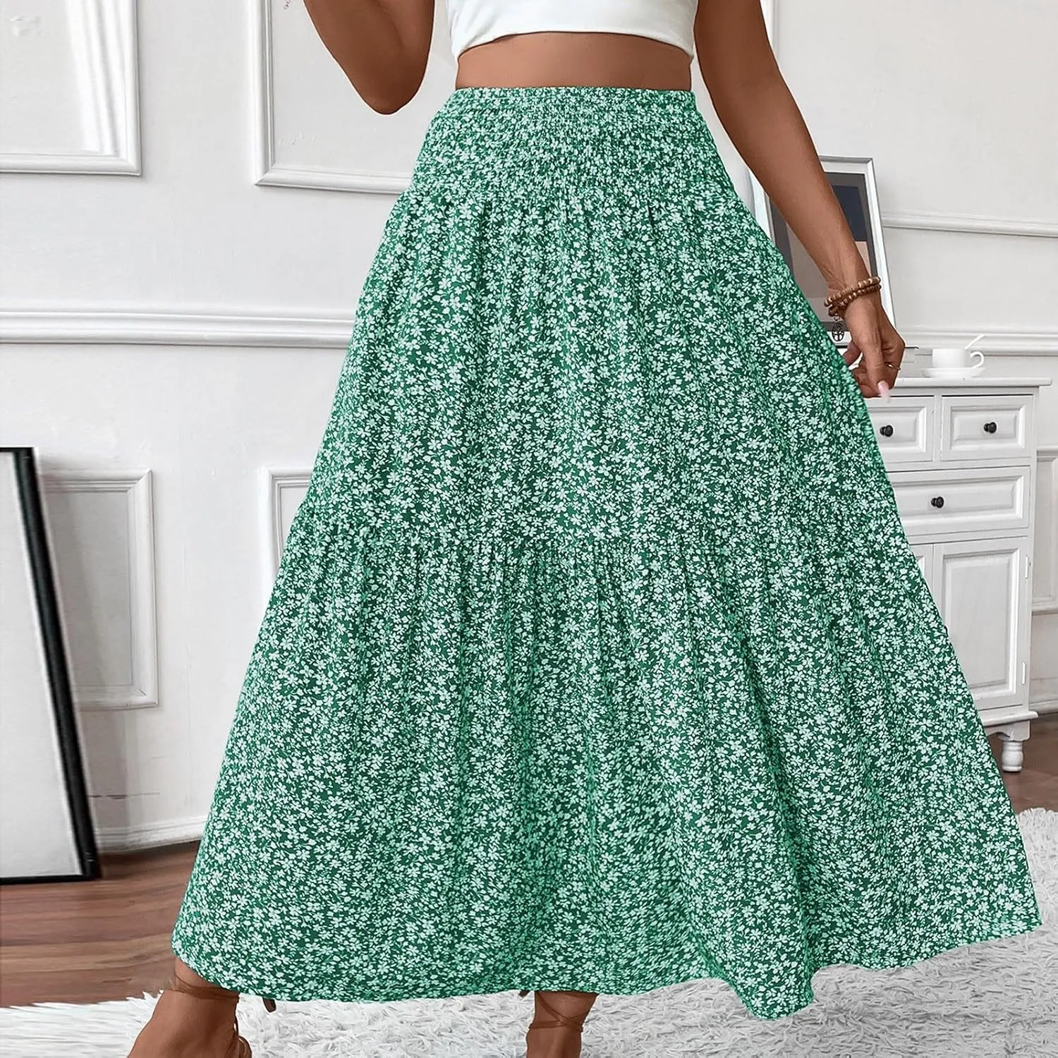 Boho Skirts for Women 2025 Casual Flowy Elastic Waist Summer Maxi Skirts Comfy Soft Trendy Pleated Floral Skirt