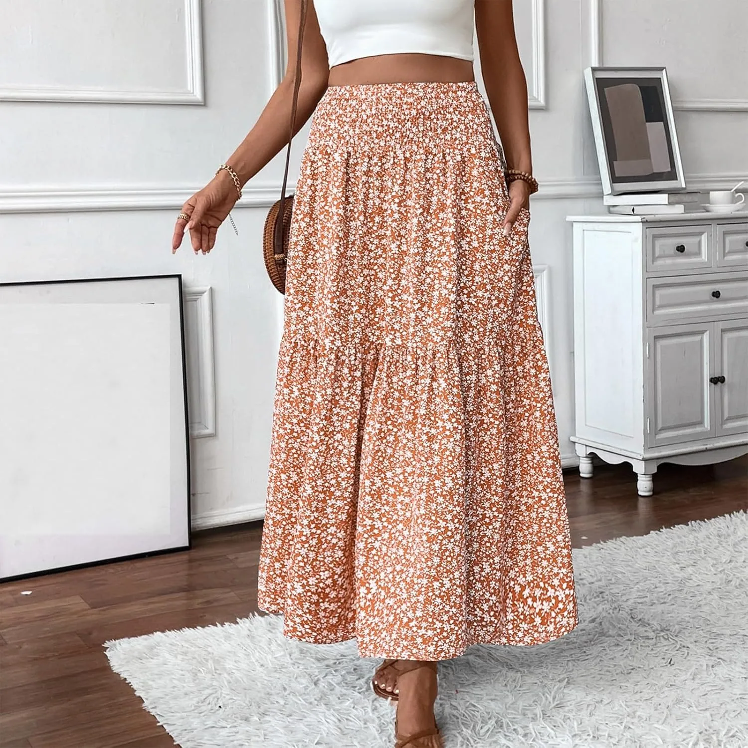 Boho Skirts for Women 2025 Casual Flowy Elastic Waist Summer Maxi Skirts Comfy Soft Trendy Pleated Floral Skirt