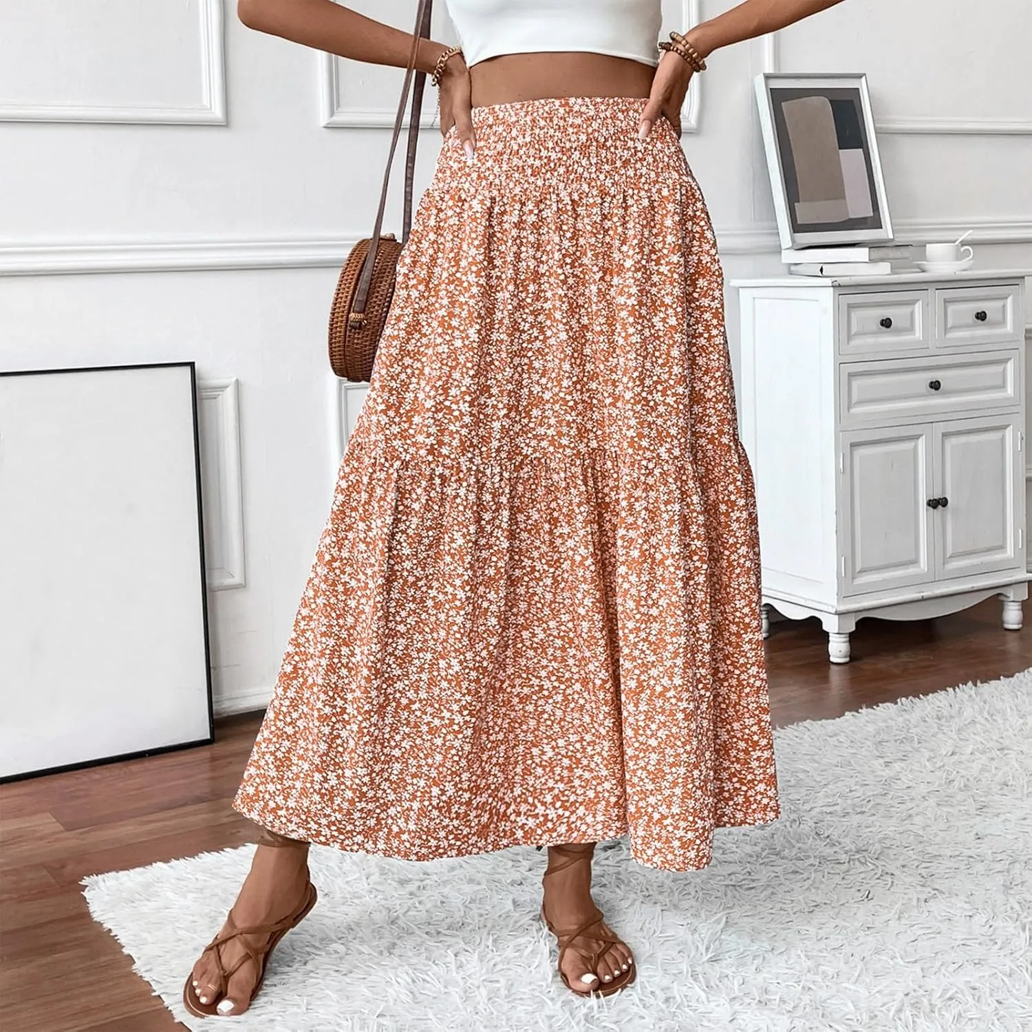 Boho Skirts for Women 2025 Casual Flowy Elastic Waist Summer Maxi Skirts Comfy Soft Trendy Pleated Floral Skirt
