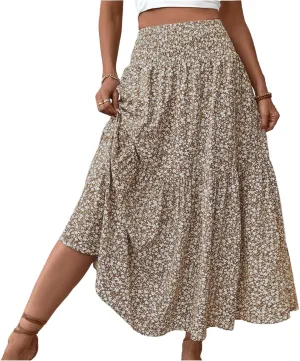 Boho Skirts for Women 2025 Casual Flowy Elastic Waist Summer Maxi Skirts Comfy Soft Trendy Pleated Floral Skirt
