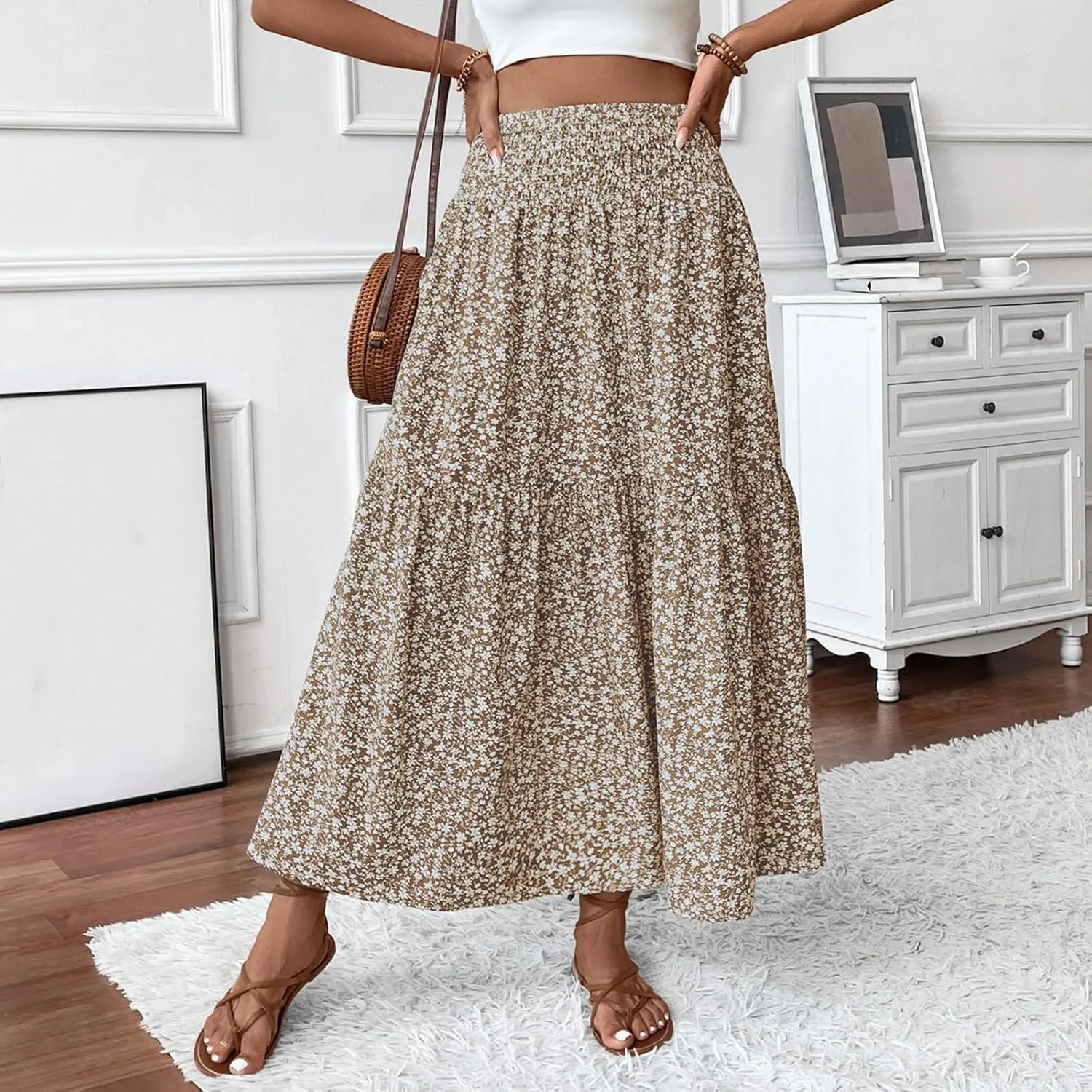 Boho Skirts for Women 2025 Casual Flowy Elastic Waist Summer Maxi Skirts Comfy Soft Trendy Pleated Floral Skirt