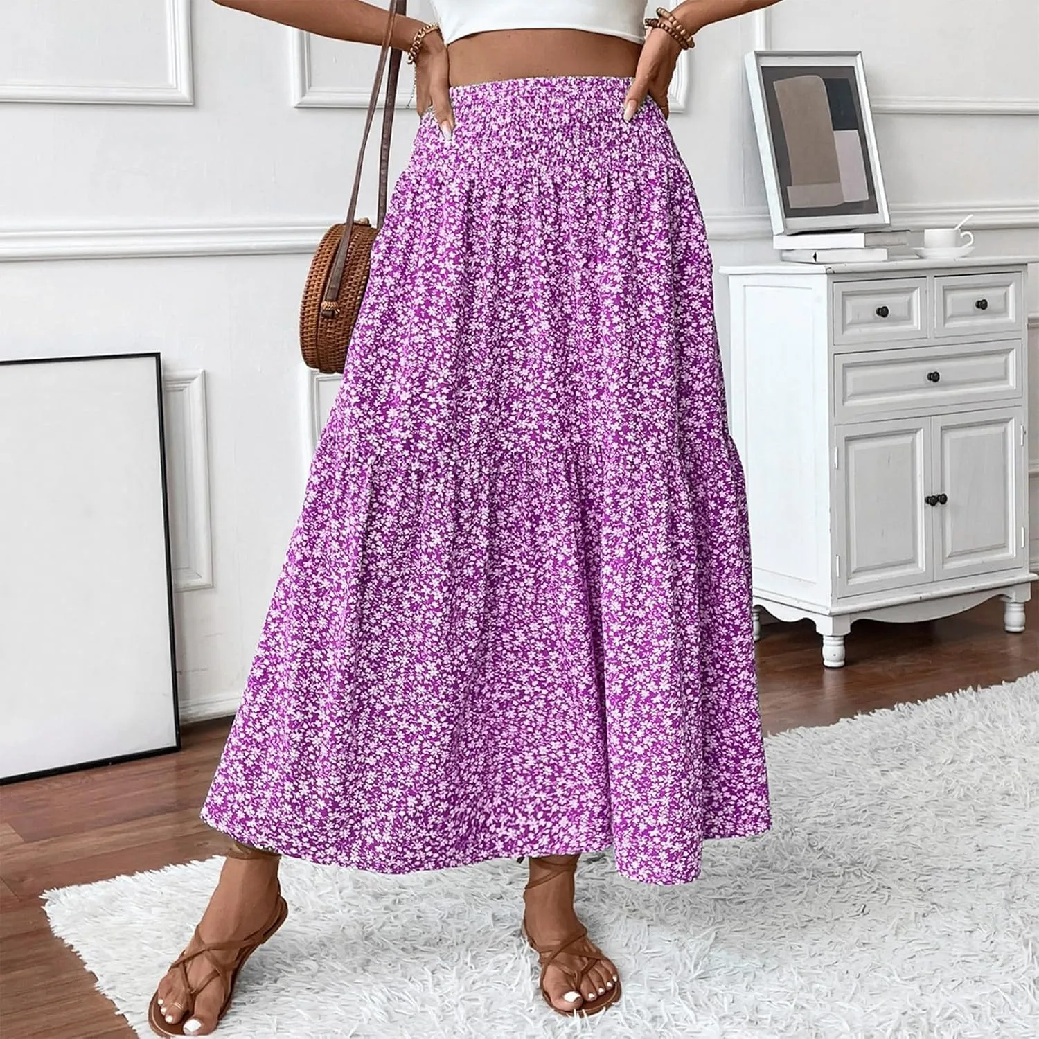 Boho Skirts for Women 2025 Casual Flowy Elastic Waist Summer Maxi Skirts Comfy Soft Trendy Pleated Floral Skirt