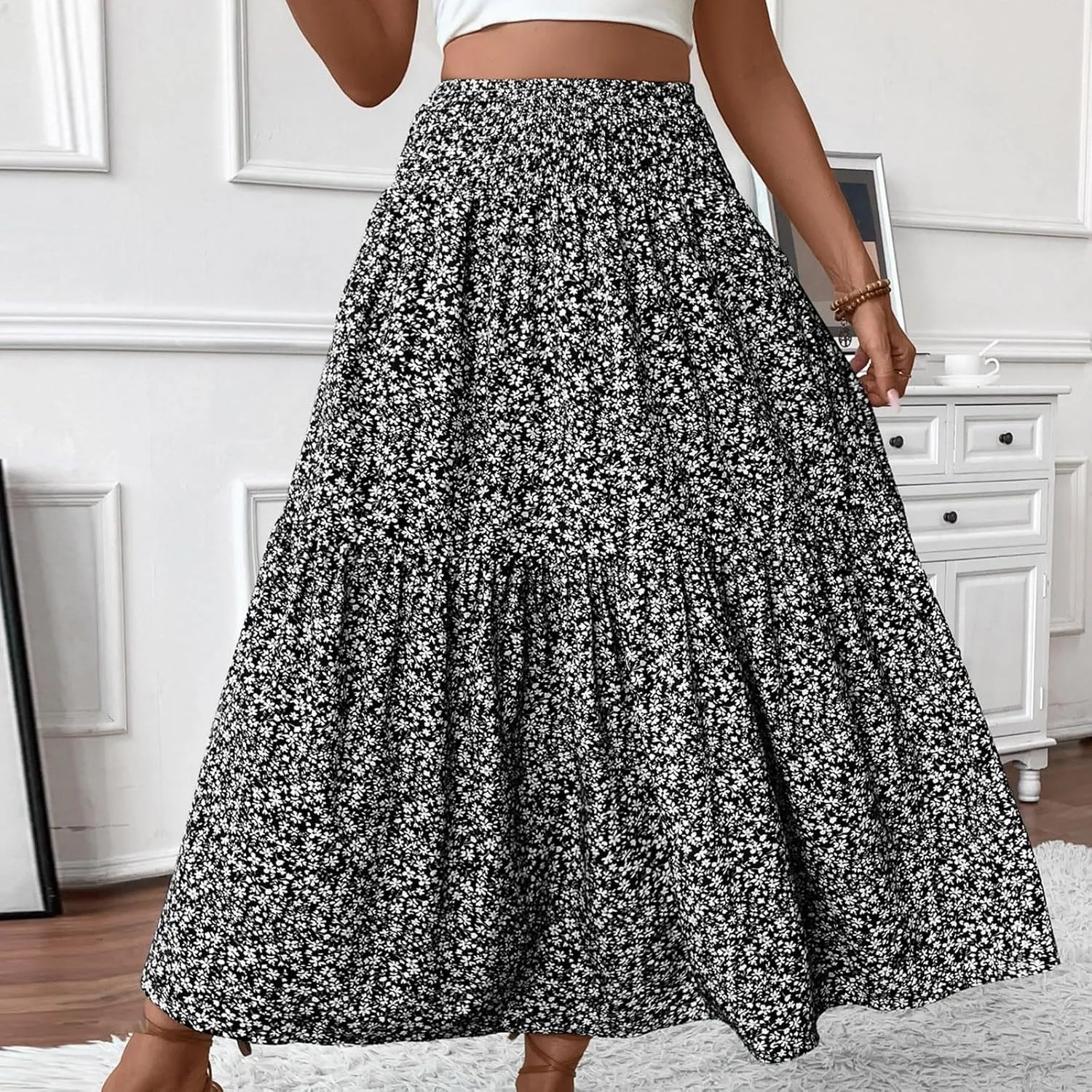 Boho Skirts for Women 2025 Casual Flowy Elastic Waist Summer Maxi Skirts Comfy Soft Trendy Pleated Floral Skirt