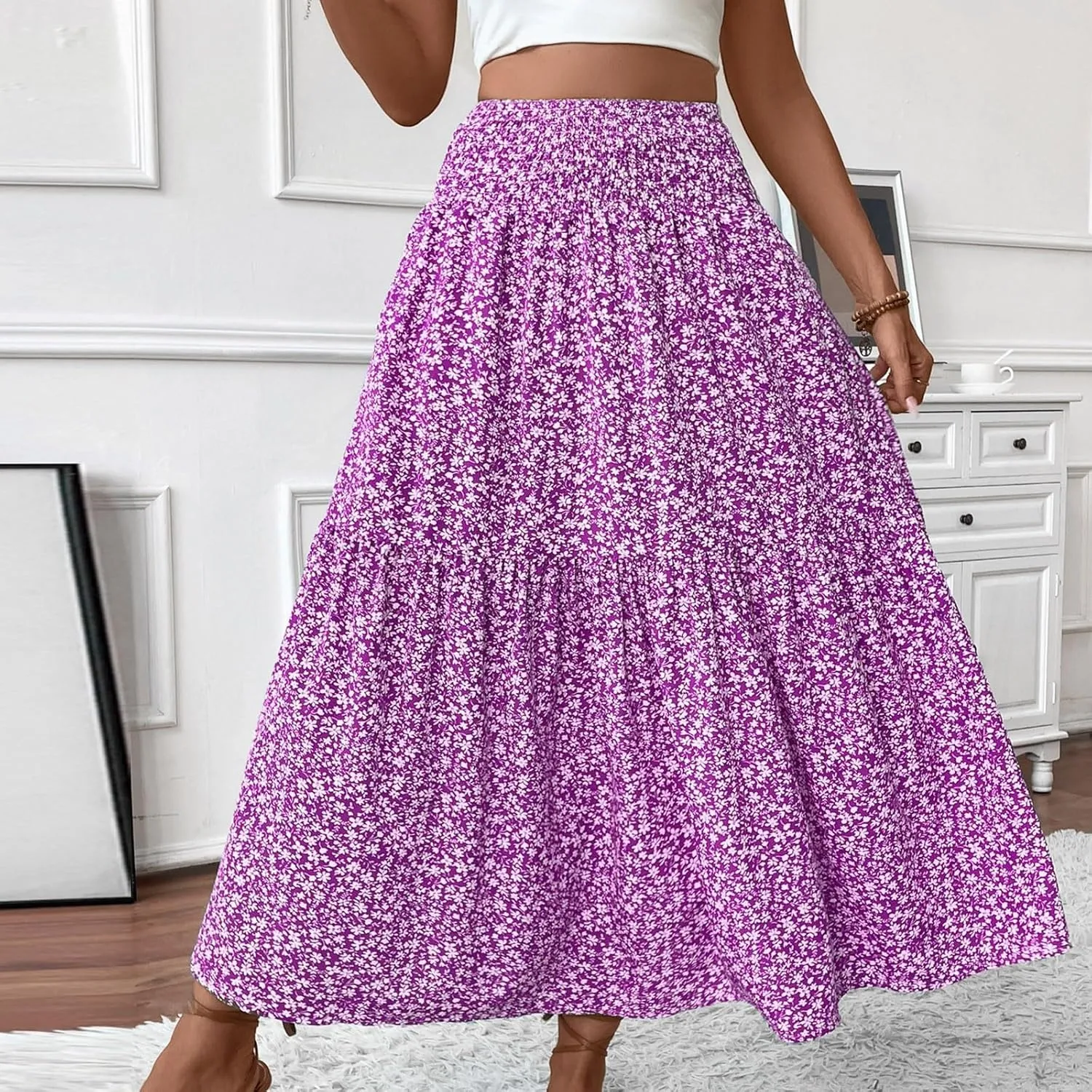 Boho Skirts for Women 2025 Casual Flowy Elastic Waist Summer Maxi Skirts Comfy Soft Trendy Pleated Floral Skirt