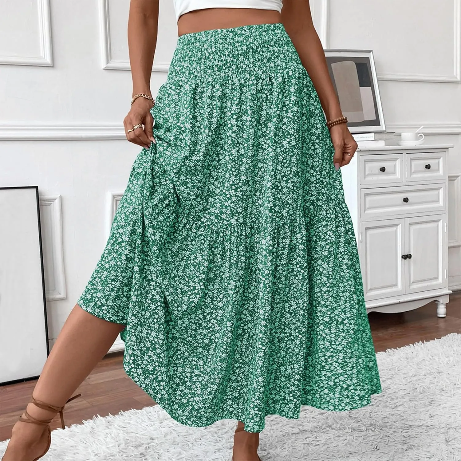 Boho Skirts for Women 2025 Casual Flowy Elastic Waist Summer Maxi Skirts Comfy Soft Trendy Pleated Floral Skirt