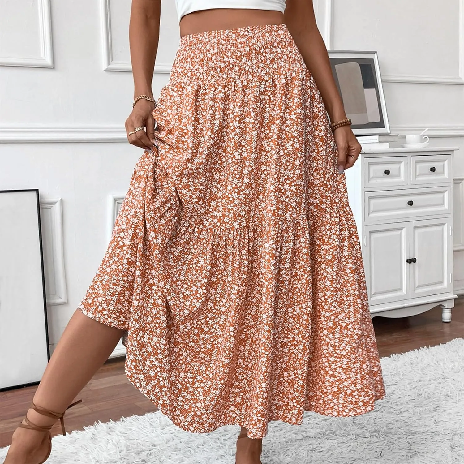 Boho Skirts for Women 2025 Casual Flowy Elastic Waist Summer Maxi Skirts Comfy Soft Trendy Pleated Floral Skirt