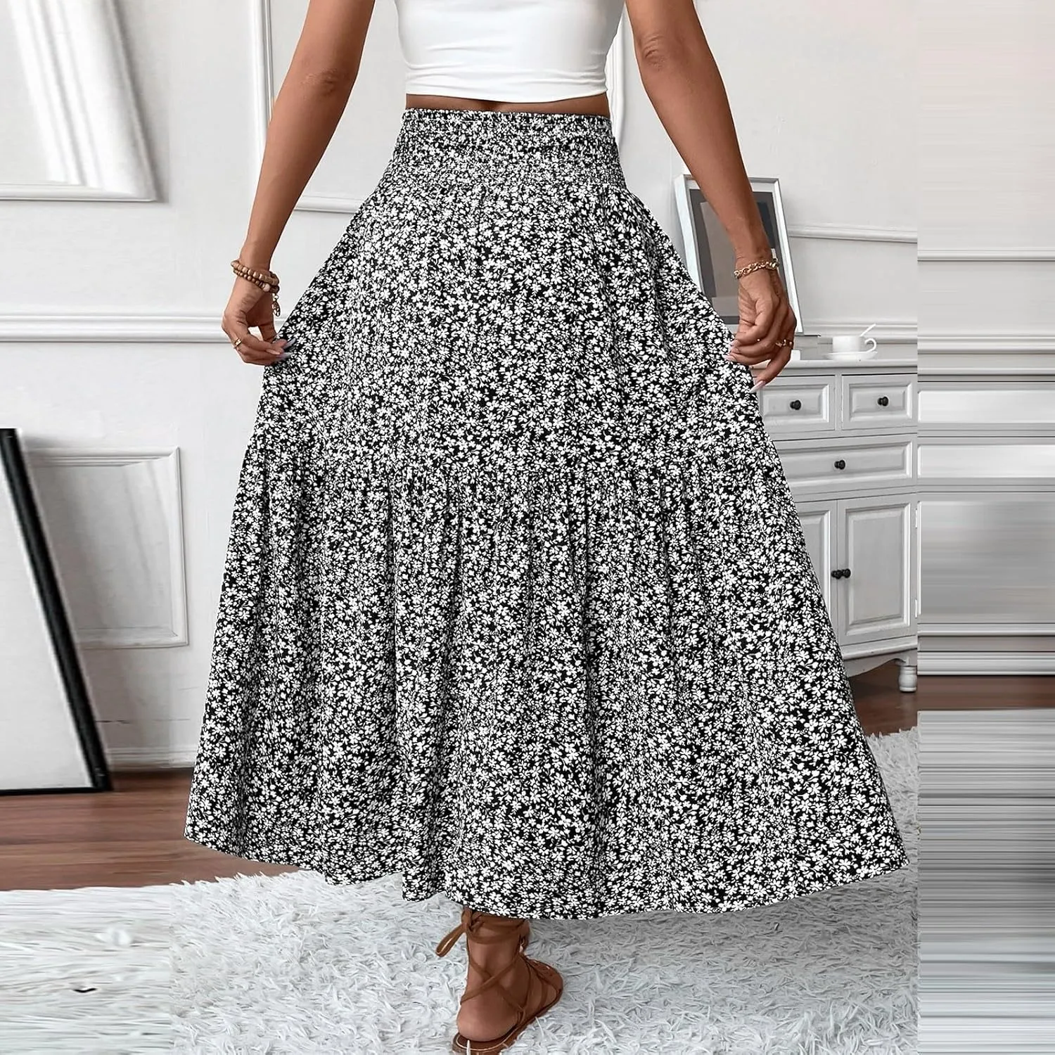 Boho Skirts for Women 2025 Casual Flowy Elastic Waist Summer Maxi Skirts Comfy Soft Trendy Pleated Floral Skirt