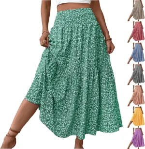Boho Skirts for Women 2025 Casual Flowy Elastic Waist Summer Maxi Skirts Comfy Soft Trendy Pleated Floral Skirt