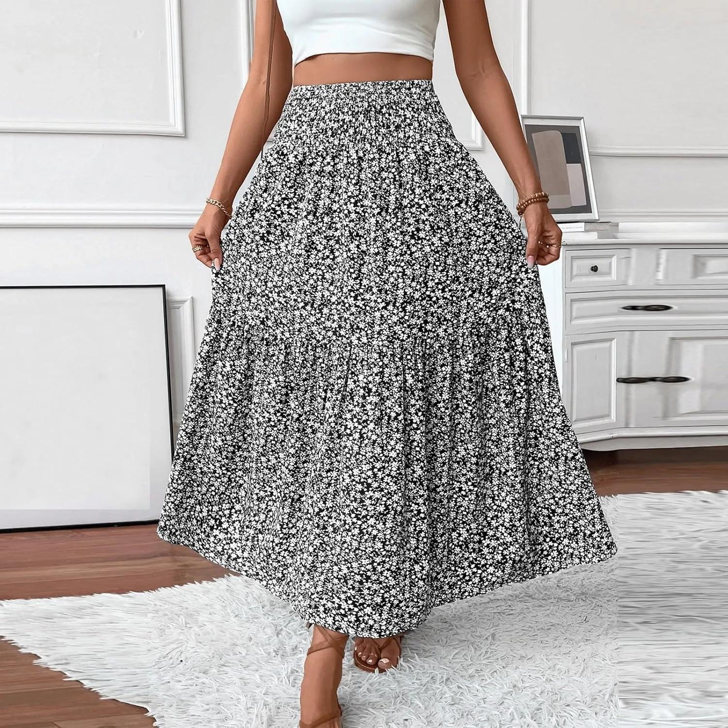 Boho Skirts for Women 2025 Casual Flowy Elastic Waist Summer Maxi Skirts Comfy Soft Trendy Pleated Floral Skirt