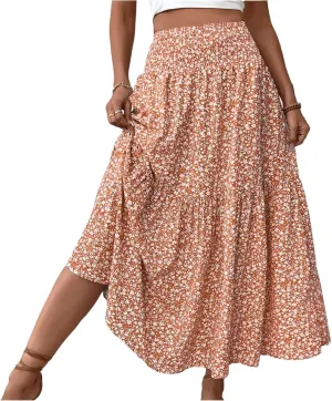 Boho Skirts for Women 2025 Casual Flowy Elastic Waist Summer Maxi Skirts Comfy Soft Trendy Pleated Floral Skirt
