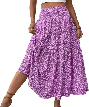 Boho Skirts for Women 2025 Casual Flowy Elastic Waist Summer Maxi Skirts Comfy Soft Trendy Pleated Floral Skirt