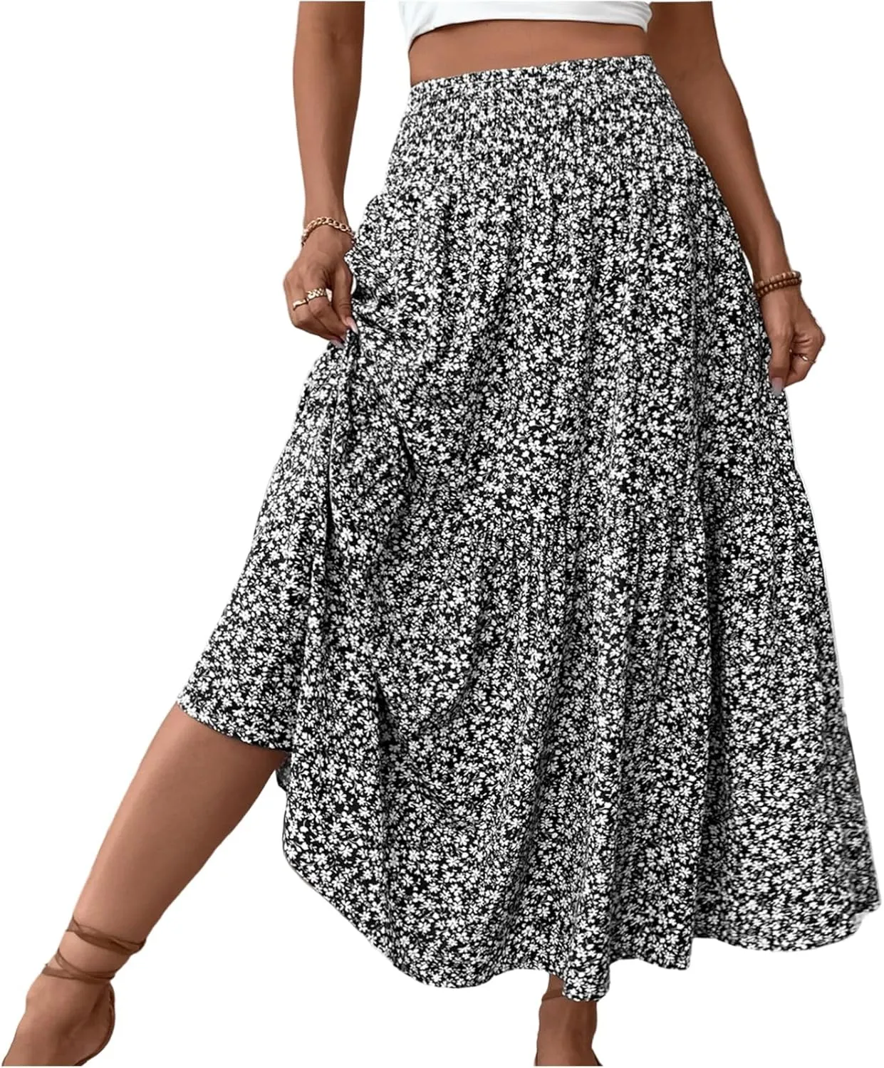 Boho Skirts for Women 2025 Casual Flowy Elastic Waist Summer Maxi Skirts Comfy Soft Trendy Pleated Floral Skirt