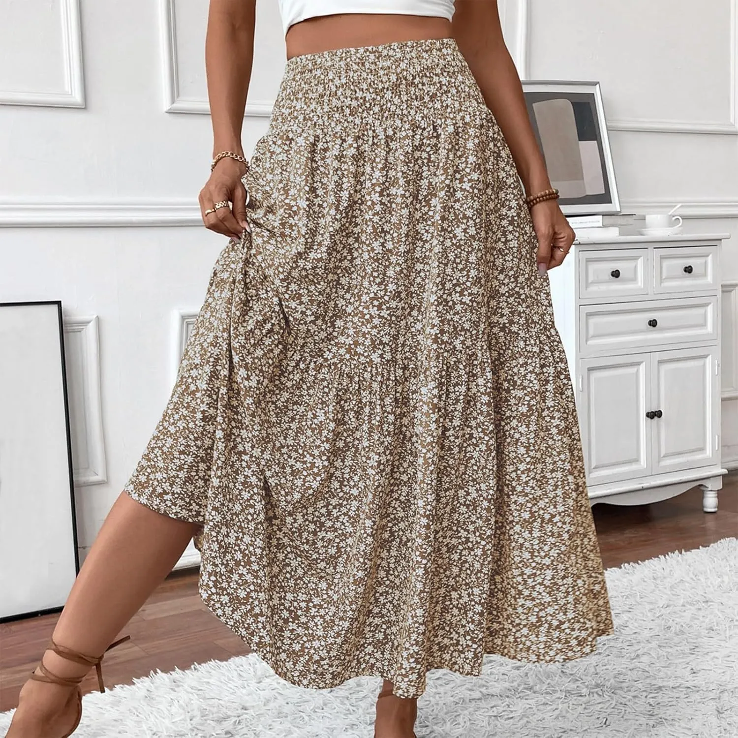 Boho Skirts for Women 2025 Casual Flowy Elastic Waist Summer Maxi Skirts Comfy Soft Trendy Pleated Floral Skirt