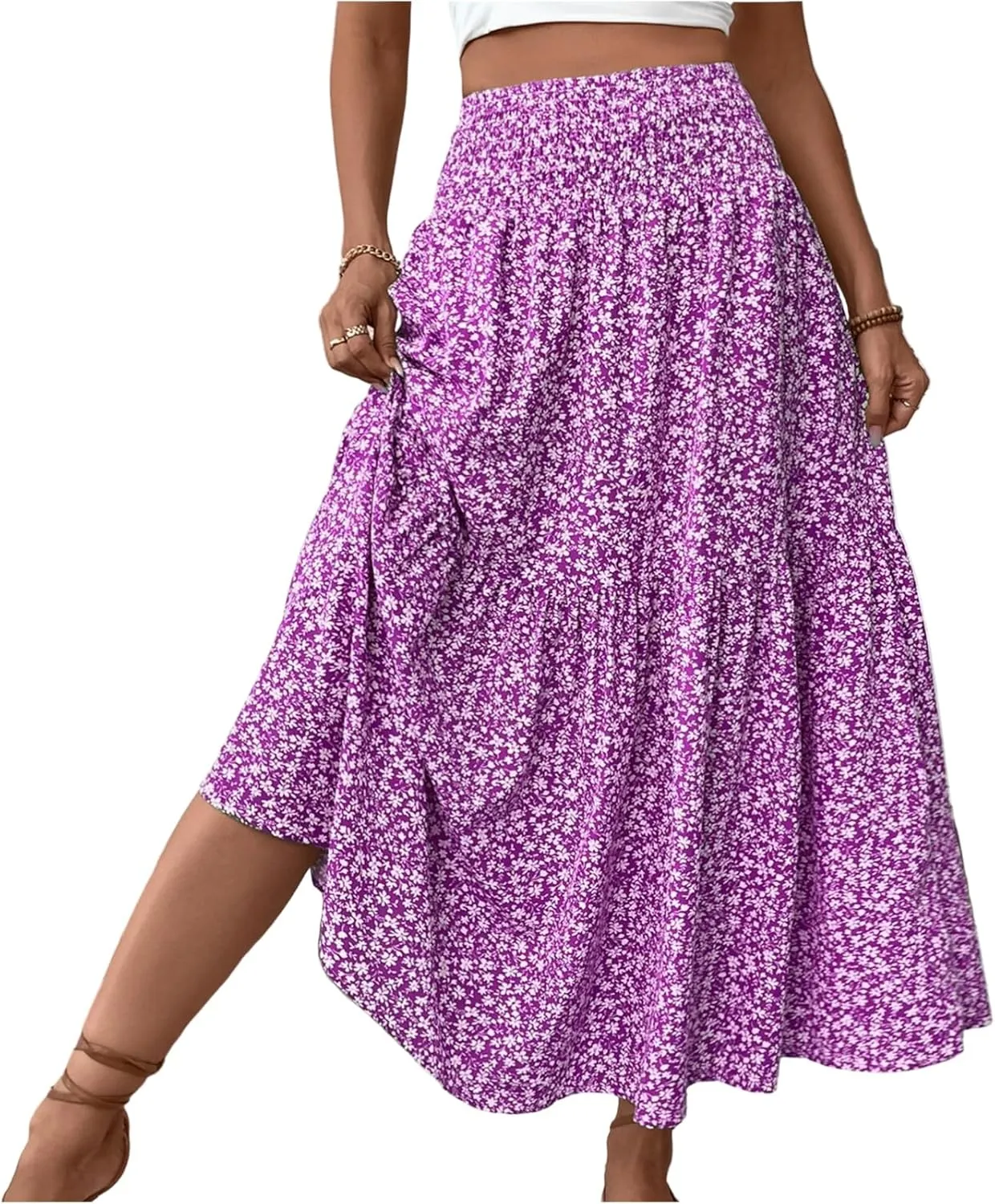 Boho Skirts for Women 2025 Casual Flowy Elastic Waist Summer Maxi Skirts Comfy Soft Trendy Pleated Floral Skirt