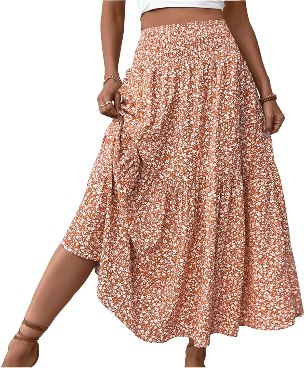 Boho Skirts for Women 2025 Casual Flowy Elastic Waist Summer Maxi Skirts Comfy Soft Trendy Pleated Floral Skirt