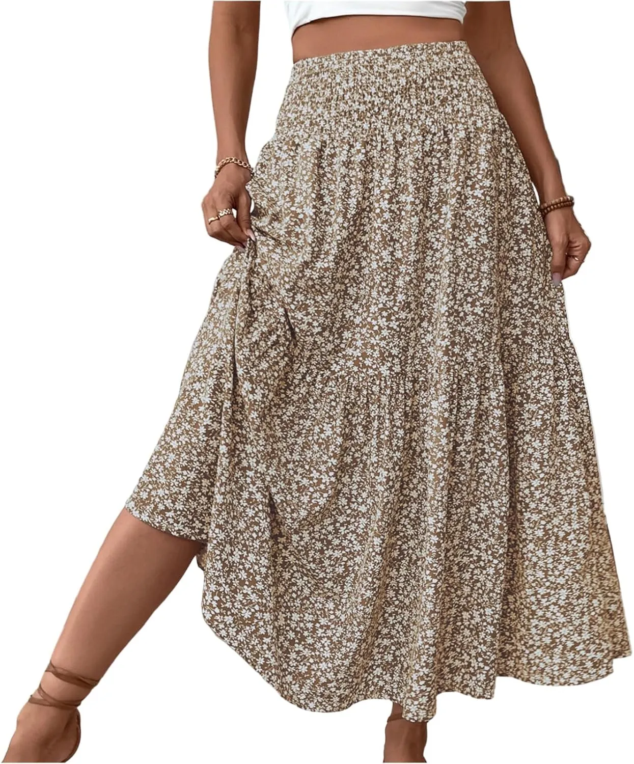 Boho Skirts for Women 2025 Casual Flowy Elastic Waist Summer Maxi Skirts Comfy Soft Trendy Pleated Floral Skirt