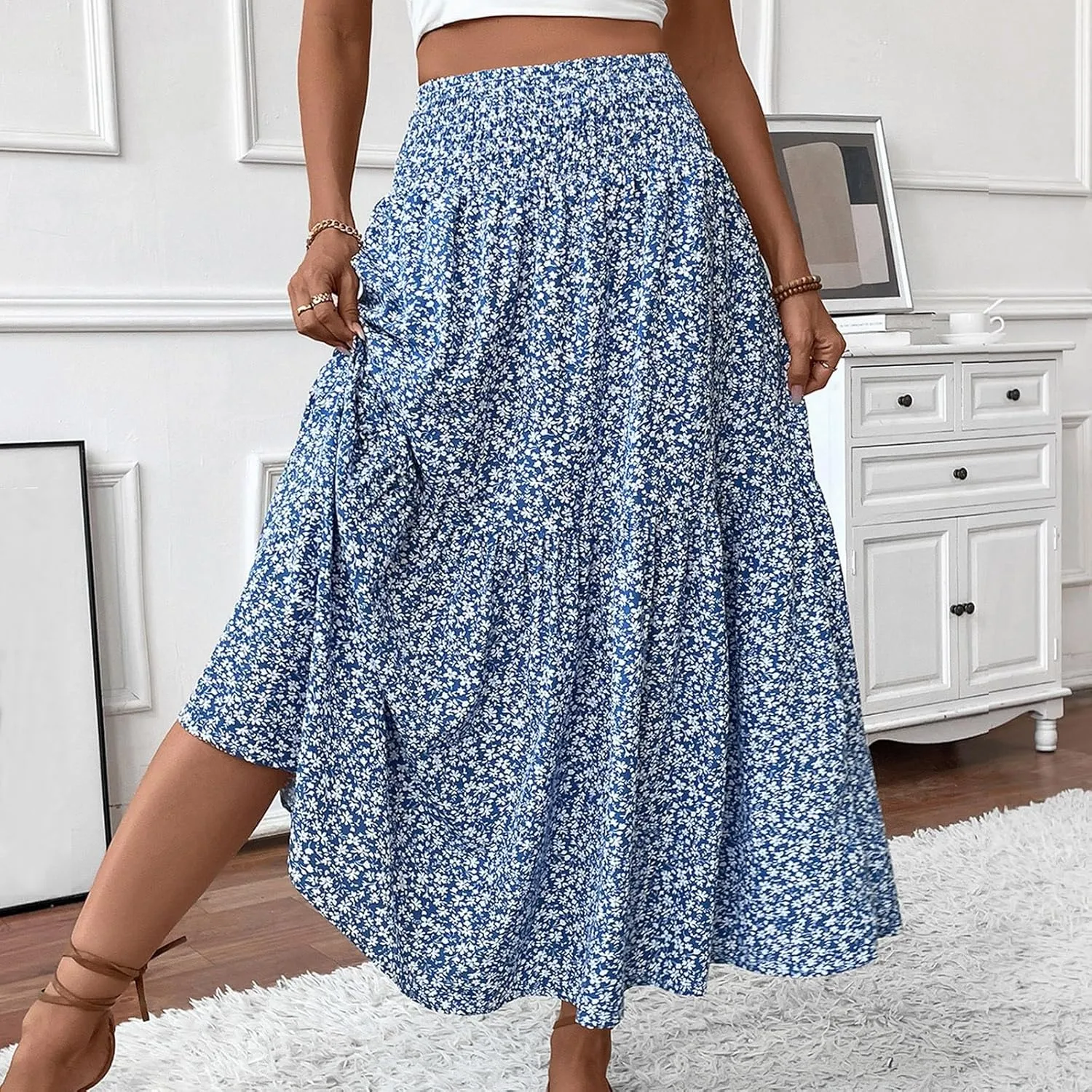 Boho Skirts for Women 2025 Casual Flowy Elastic Waist Summer Maxi Skirts Comfy Soft Trendy Pleated Floral Skirt