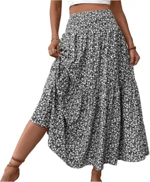 Boho Skirts for Women 2025 Casual Flowy Elastic Waist Summer Maxi Skirts Comfy Soft Trendy Pleated Floral Skirt