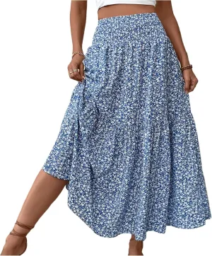 Boho Skirts for Women 2025 Casual Flowy Elastic Waist Summer Maxi Skirts Comfy Soft Trendy Pleated Floral Skirt