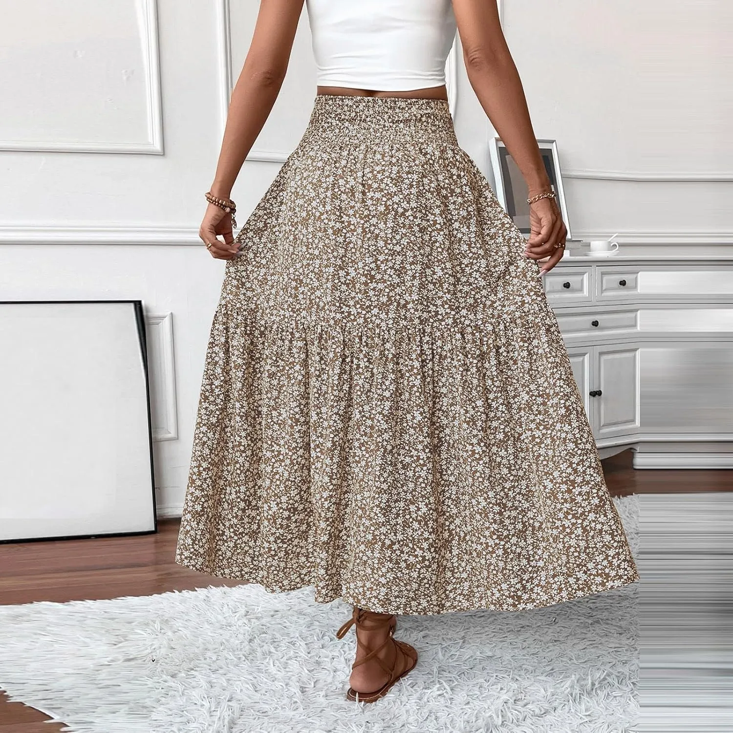 Boho Skirts for Women 2025 Casual Flowy Elastic Waist Summer Maxi Skirts Comfy Soft Trendy Pleated Floral Skirt