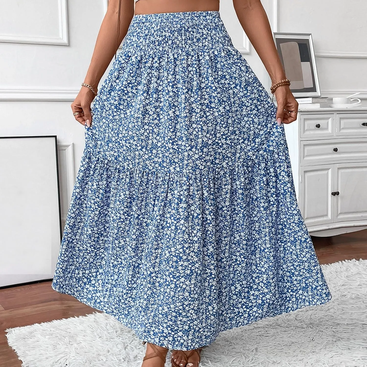 Boho Skirts for Women 2025 Casual Flowy Elastic Waist Summer Maxi Skirts Comfy Soft Trendy Pleated Floral Skirt