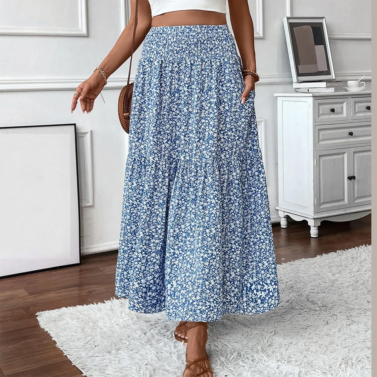 Boho Skirts for Women 2025 Casual Flowy Elastic Waist Summer Maxi Skirts Comfy Soft Trendy Pleated Floral Skirt
