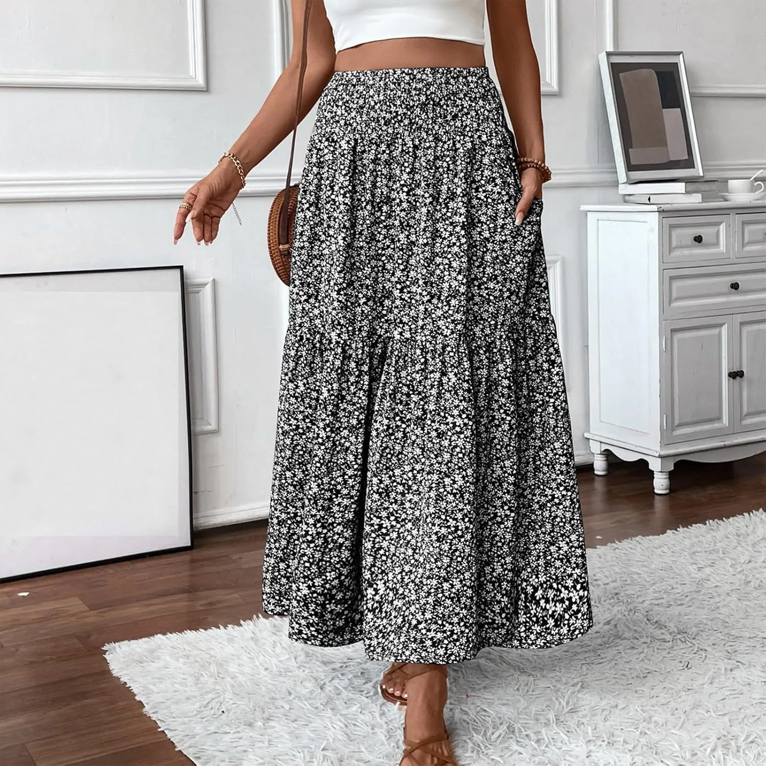 Boho Skirts for Women 2025 Casual Flowy Elastic Waist Summer Maxi Skirts Comfy Soft Trendy Pleated Floral Skirt