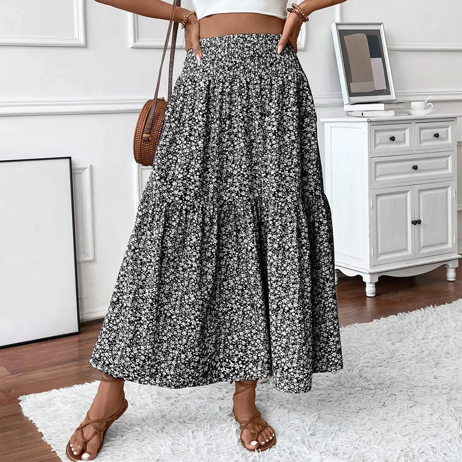 Boho Skirts for Women 2025 Casual Flowy Elastic Waist Summer Maxi Skirts Comfy Soft Trendy Pleated Floral Skirt