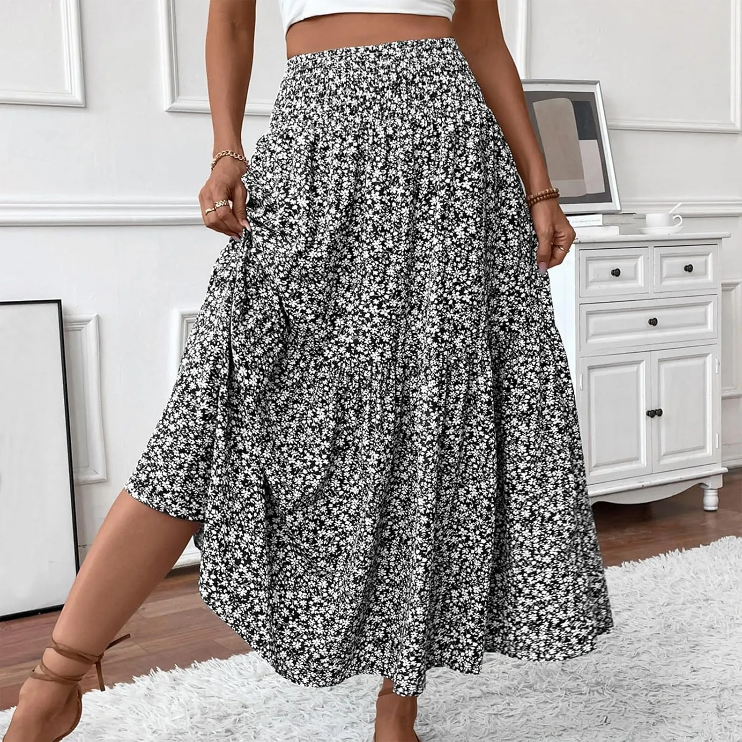 Boho Skirts for Women 2025 Casual Flowy Elastic Waist Summer Maxi Skirts Comfy Soft Trendy Pleated Floral Skirt