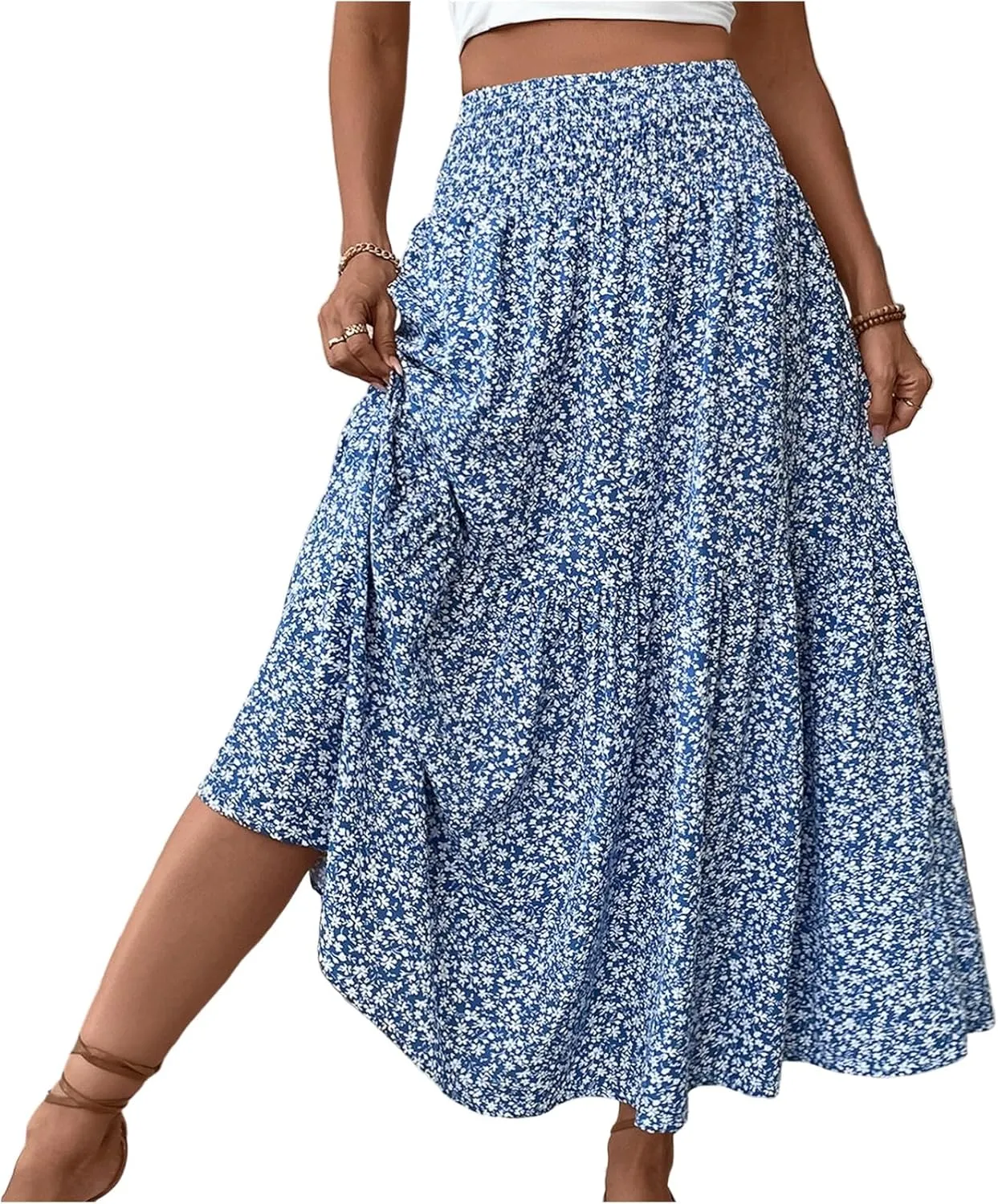 Boho Skirts for Women 2025 Casual Flowy Elastic Waist Summer Maxi Skirts Comfy Soft Trendy Pleated Floral Skirt