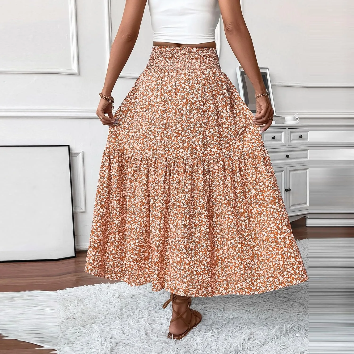 Boho Skirts for Women 2025 Casual Flowy Elastic Waist Summer Maxi Skirts Comfy Soft Trendy Pleated Floral Skirt