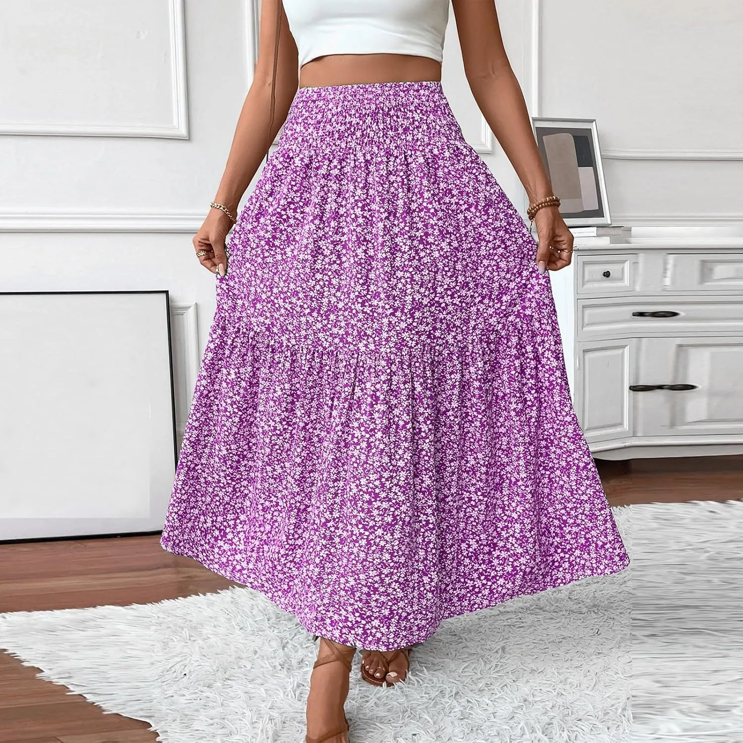 Boho Skirts for Women 2025 Casual Flowy Elastic Waist Summer Maxi Skirts Comfy Soft Trendy Pleated Floral Skirt