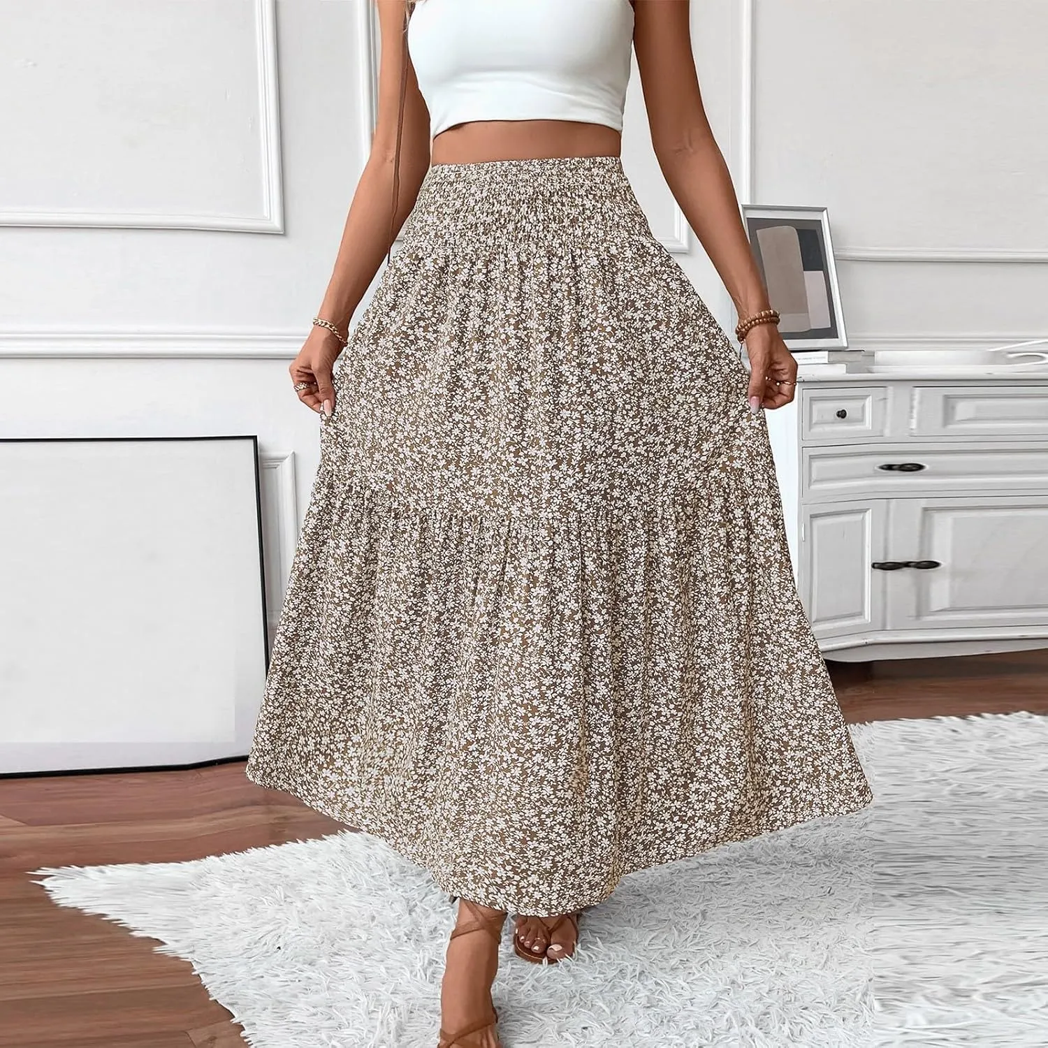 Boho Skirts for Women 2025 Casual Flowy Elastic Waist Summer Maxi Skirts Comfy Soft Trendy Pleated Floral Skirt