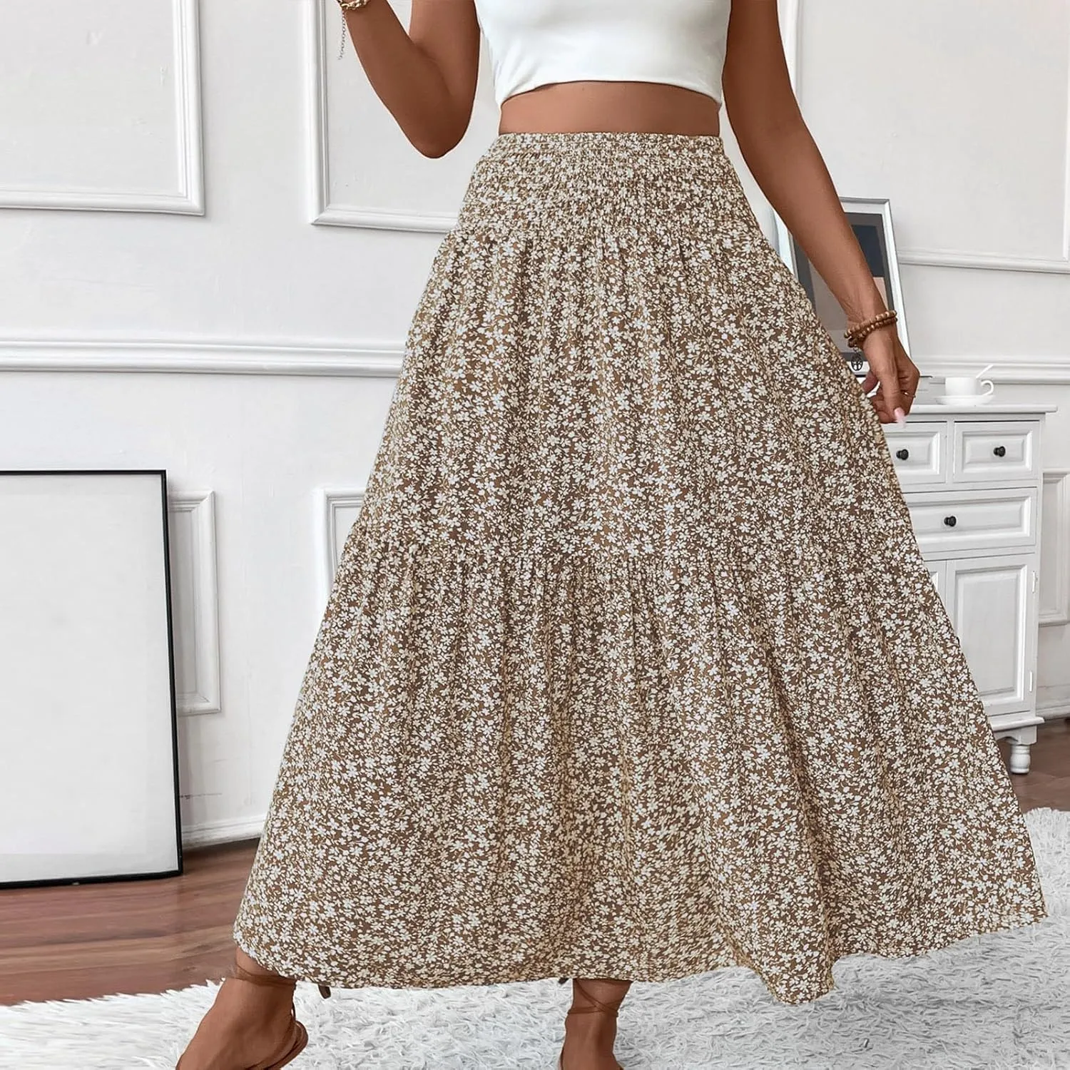 Boho Skirts for Women 2025 Casual Flowy Elastic Waist Summer Maxi Skirts Comfy Soft Trendy Pleated Floral Skirt