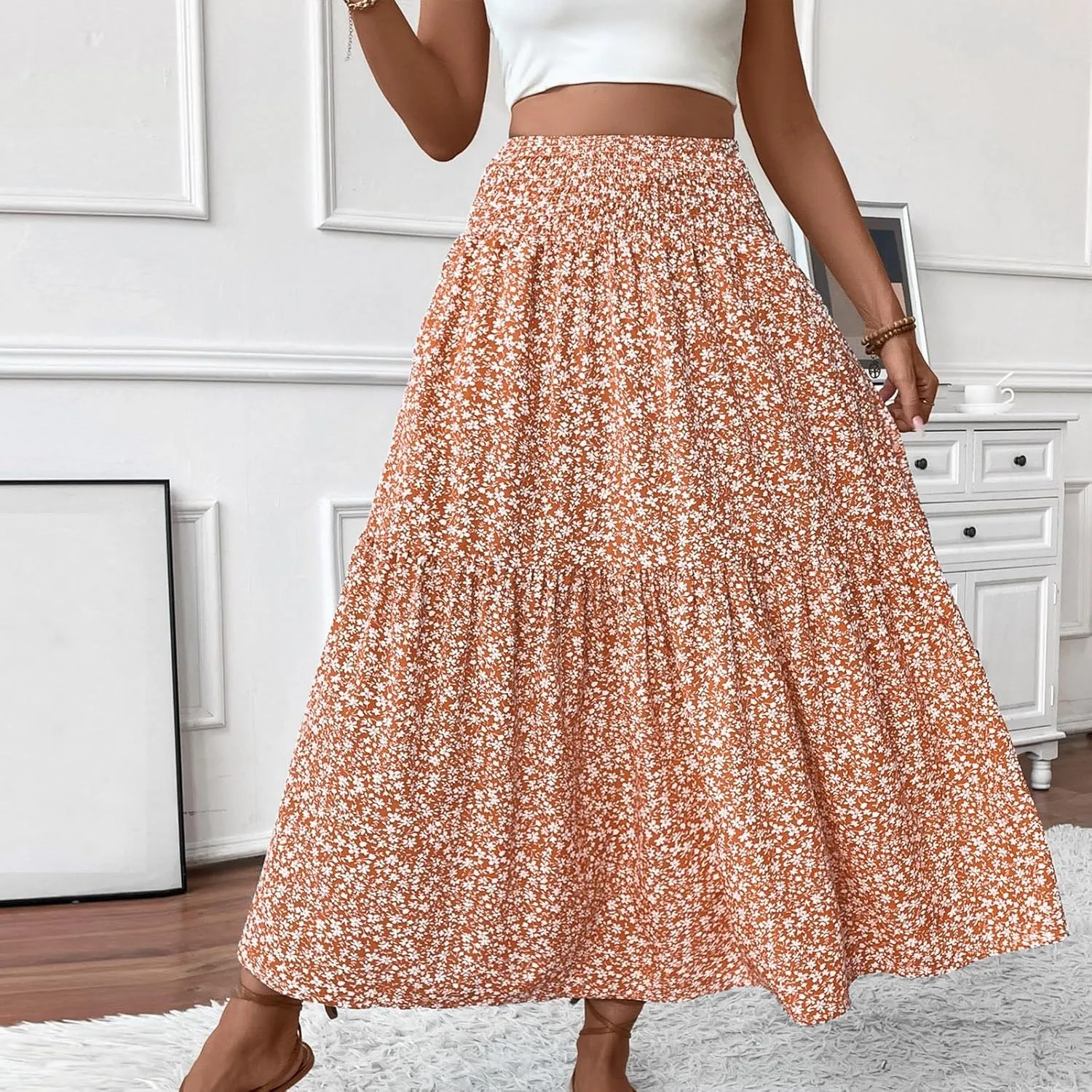 Boho Skirts for Women 2025 Casual Flowy Elastic Waist Summer Maxi Skirts Comfy Soft Trendy Pleated Floral Skirt