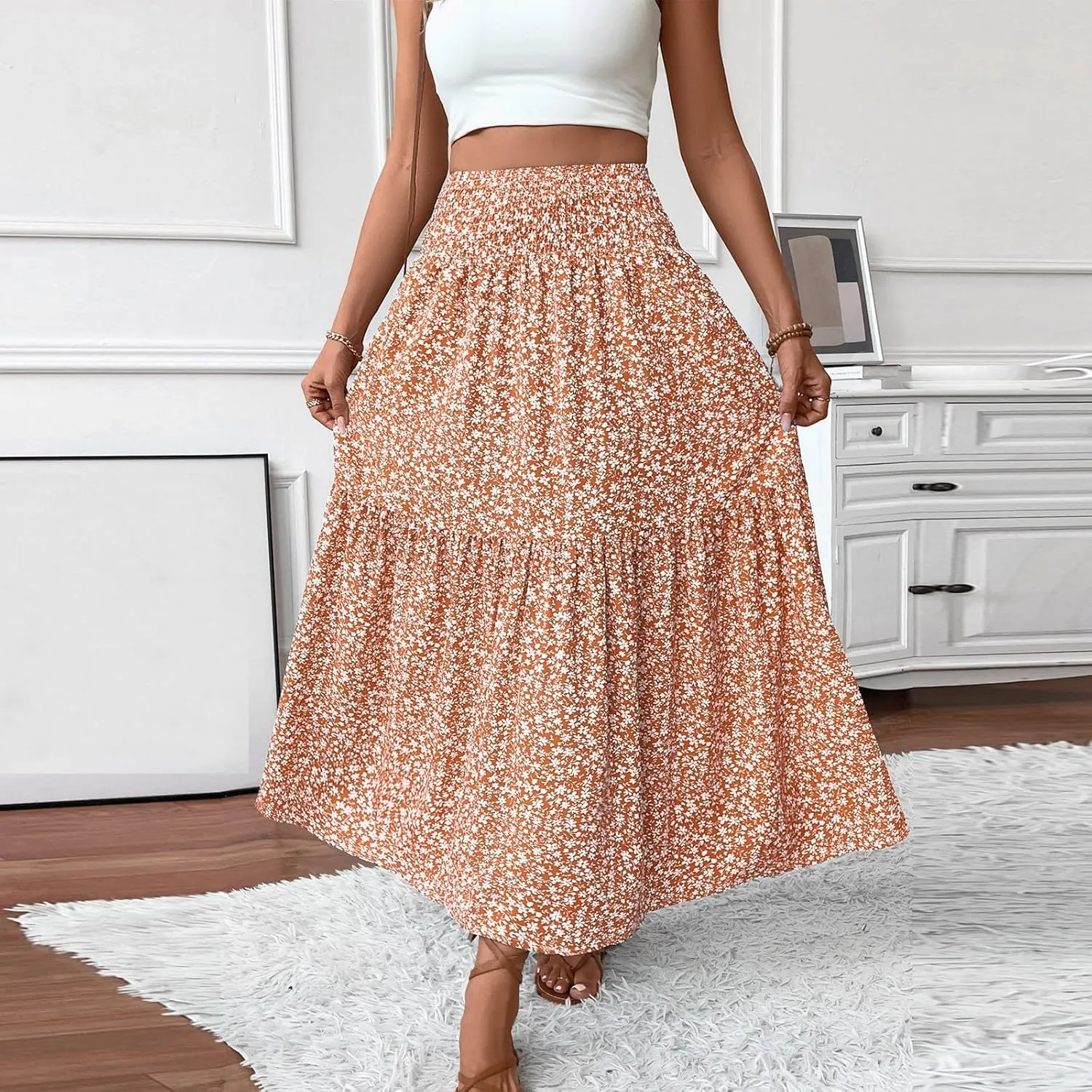 Boho Skirts for Women 2025 Casual Flowy Elastic Waist Summer Maxi Skirts Comfy Soft Trendy Pleated Floral Skirt