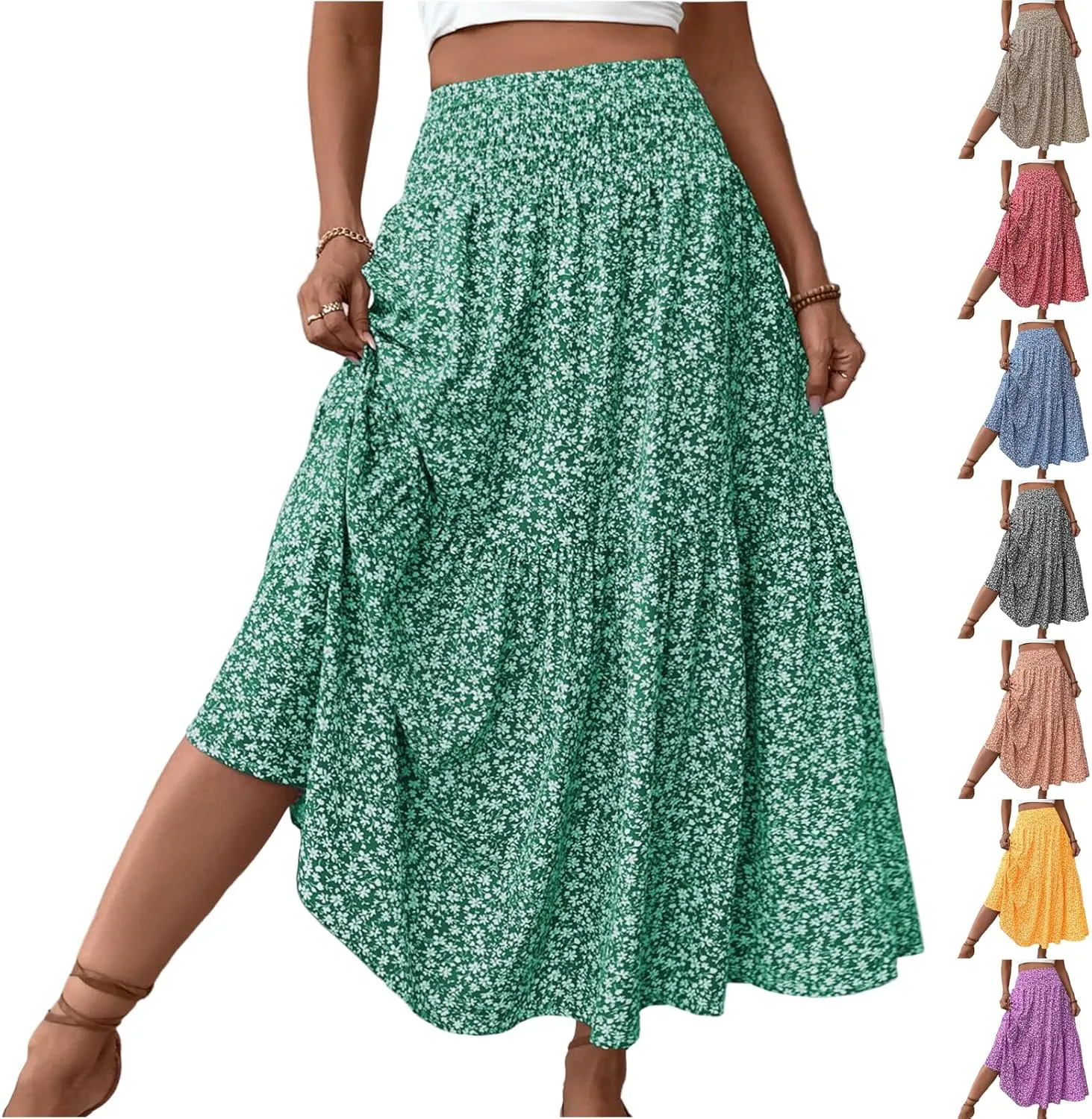 Boho Skirts for Women 2025 Casual Flowy Elastic Waist Summer Maxi Skirts Comfy Soft Trendy Pleated Floral Skirt
