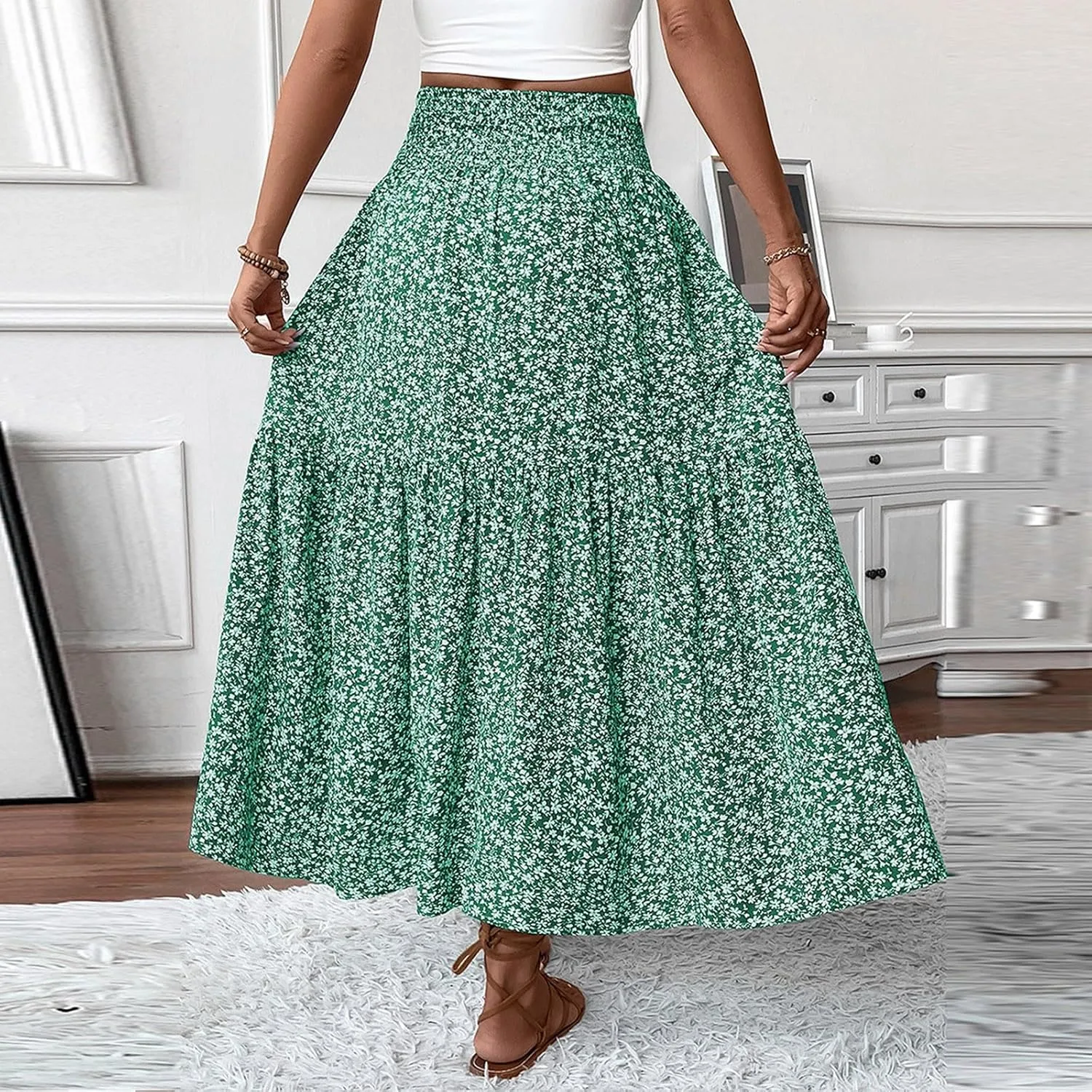 Boho Skirts for Women 2025 Casual Flowy Elastic Waist Summer Maxi Skirts Comfy Soft Trendy Pleated Floral Skirt