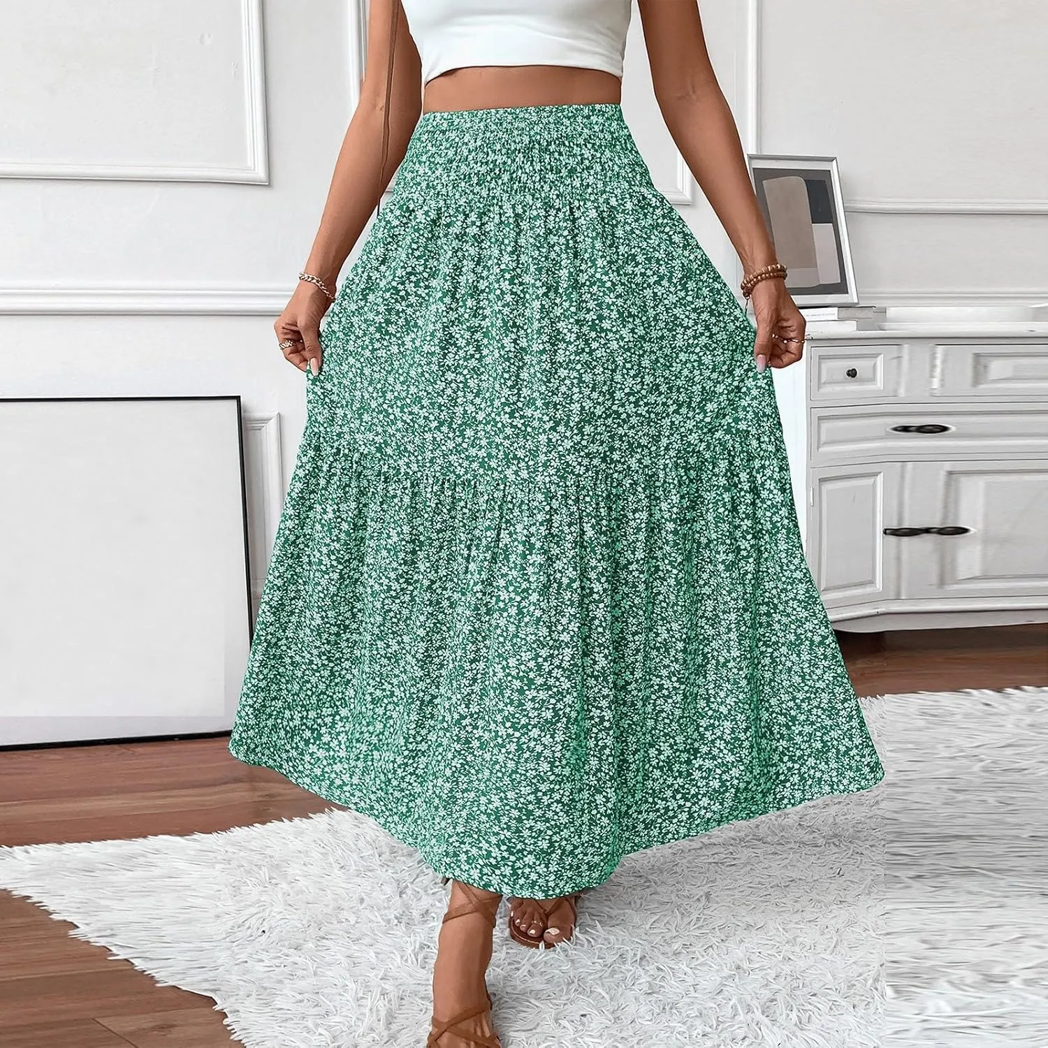 Boho Skirts for Women 2025 Casual Flowy Elastic Waist Summer Maxi Skirts Comfy Soft Trendy Pleated Floral Skirt