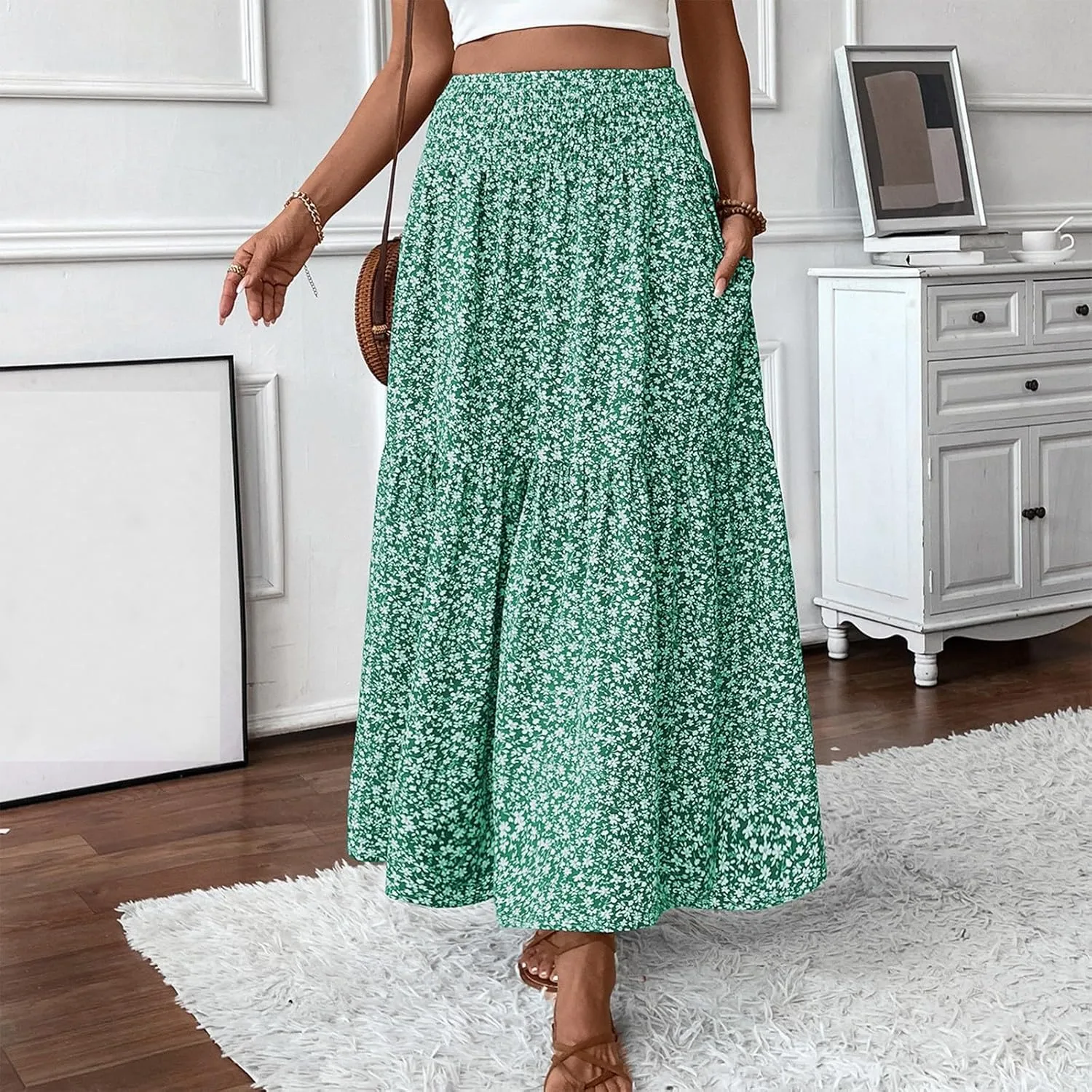 Boho Skirts for Women 2025 Casual Flowy Elastic Waist Summer Maxi Skirts Comfy Soft Trendy Pleated Floral Skirt