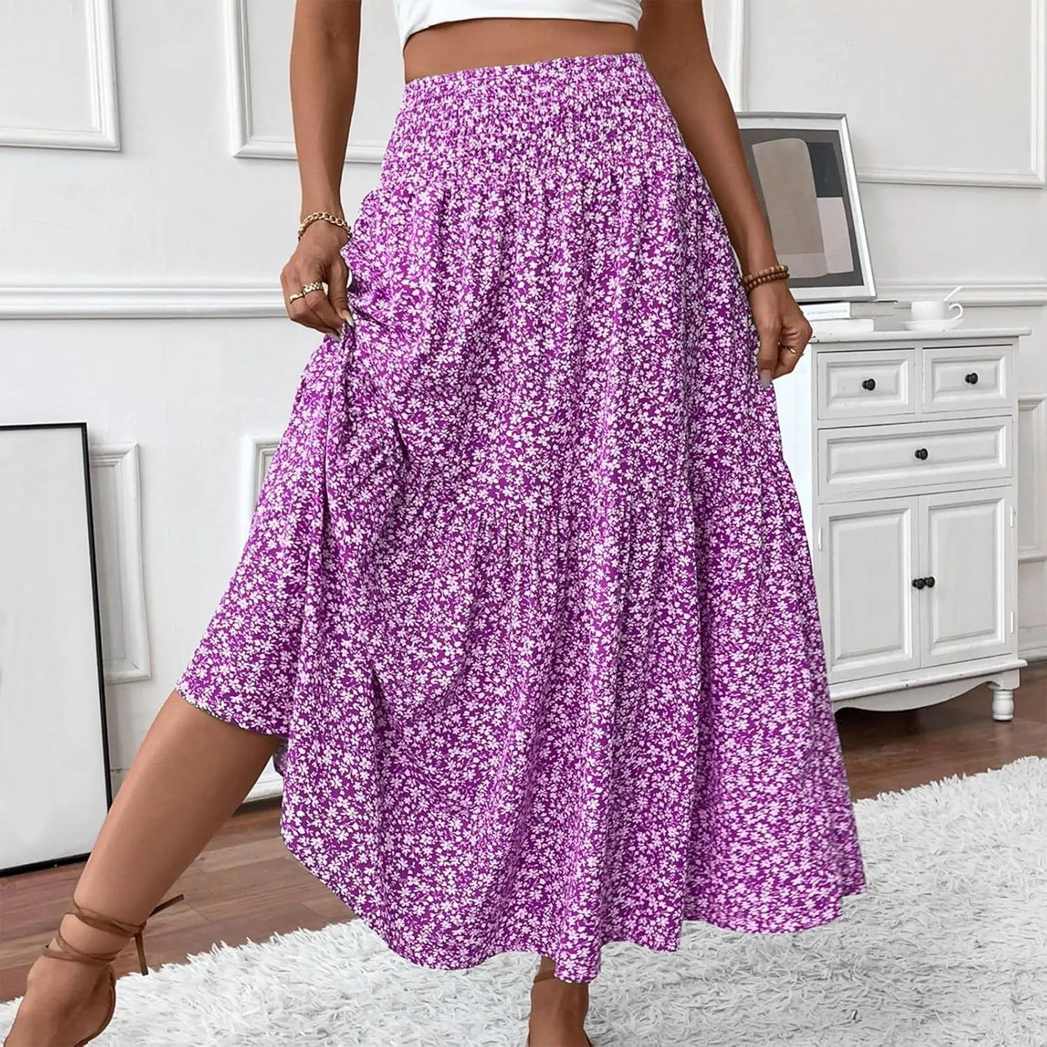 Boho Skirts for Women 2025 Casual Flowy Elastic Waist Summer Maxi Skirts Comfy Soft Trendy Pleated Floral Skirt