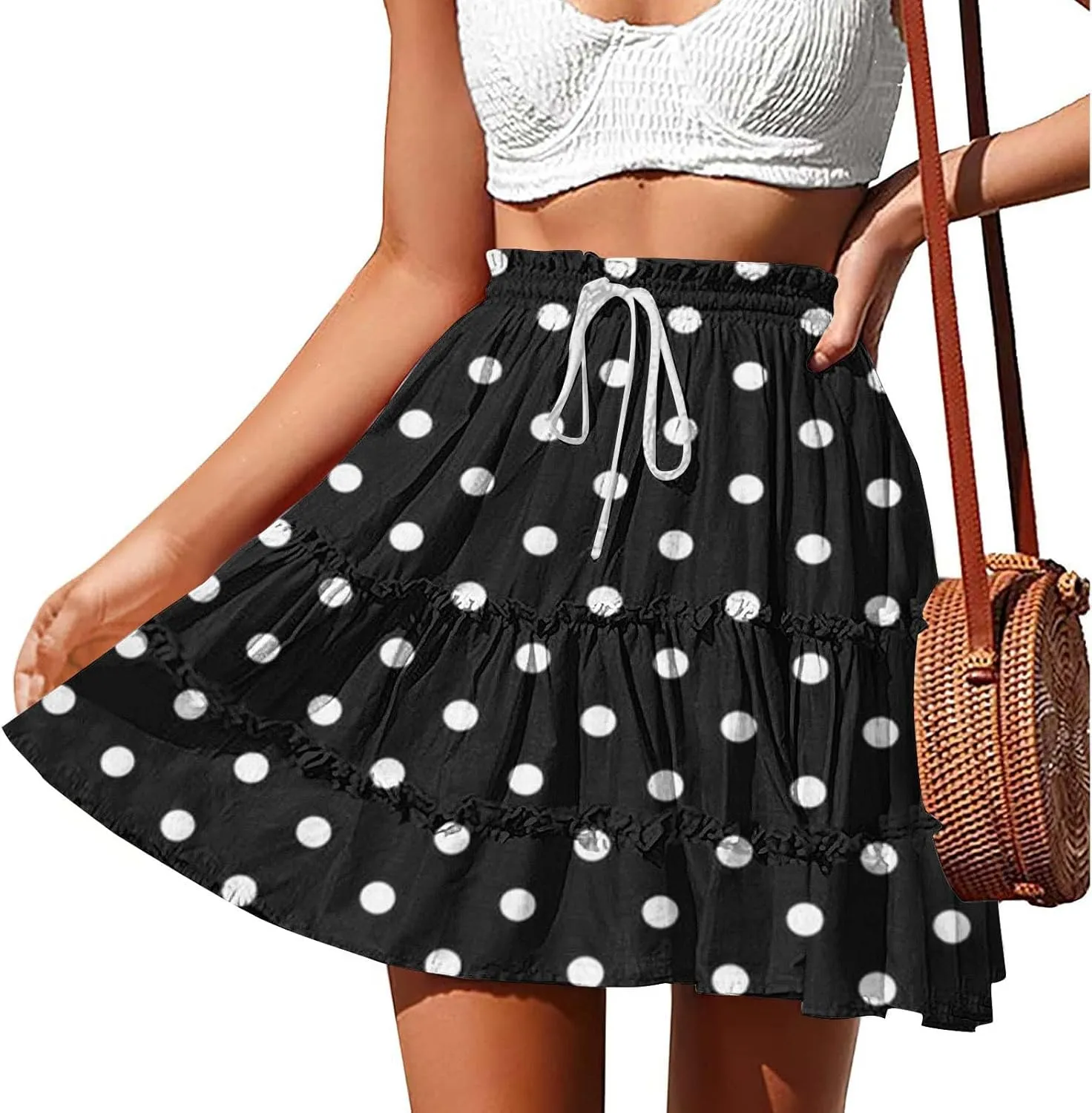 Boho Skirts for Women Summer Casual Elastic High Waist Drawstring Polka Dots Tie-up Flowy Short Mini Skirt