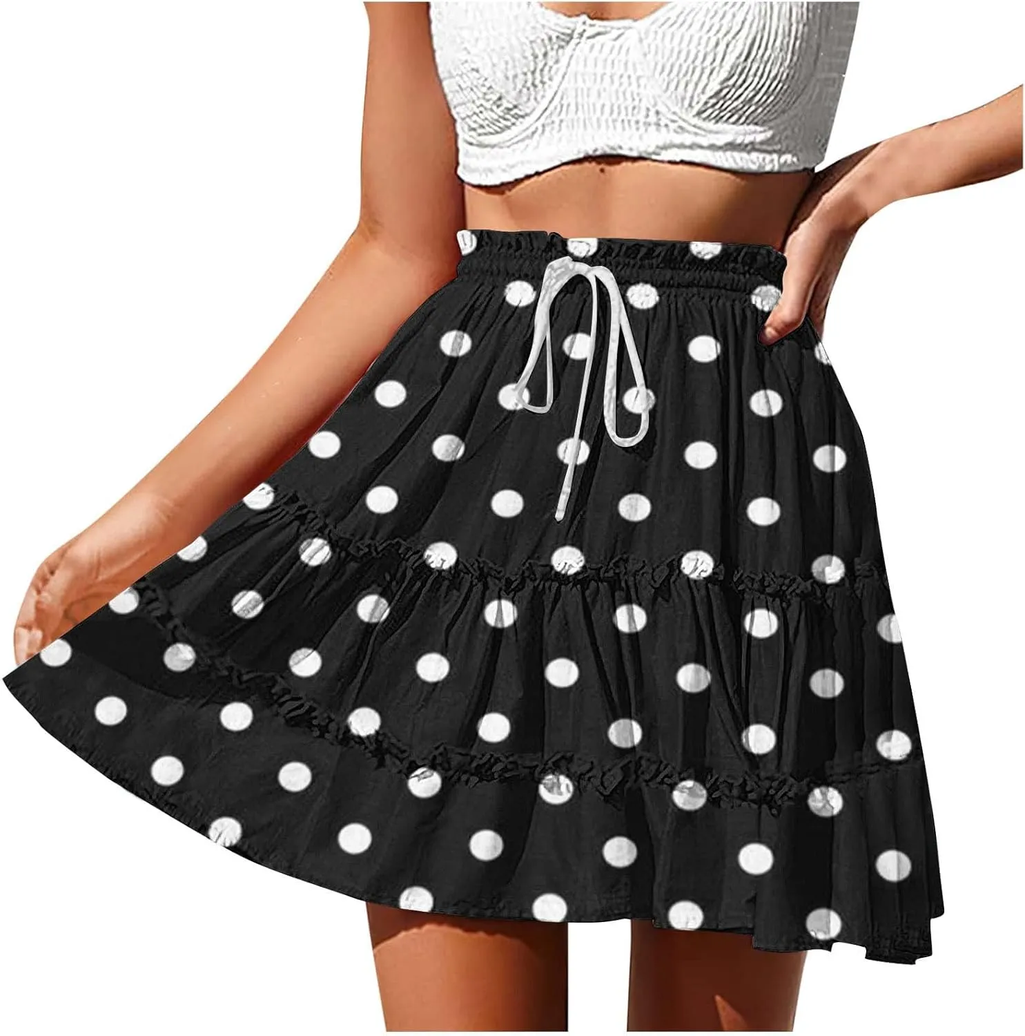Boho Skirts for Women Summer Casual Elastic High Waist Drawstring Polka Dots Tie-up Flowy Short Mini Skirt