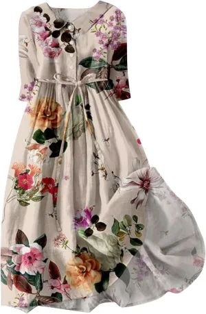Ceboyel Women Bohemian Cotton Linen Dresses 3/4 Sleeve Maxi Long Dress Plain Classic Dresses Trendy Boho Dresses with Belt